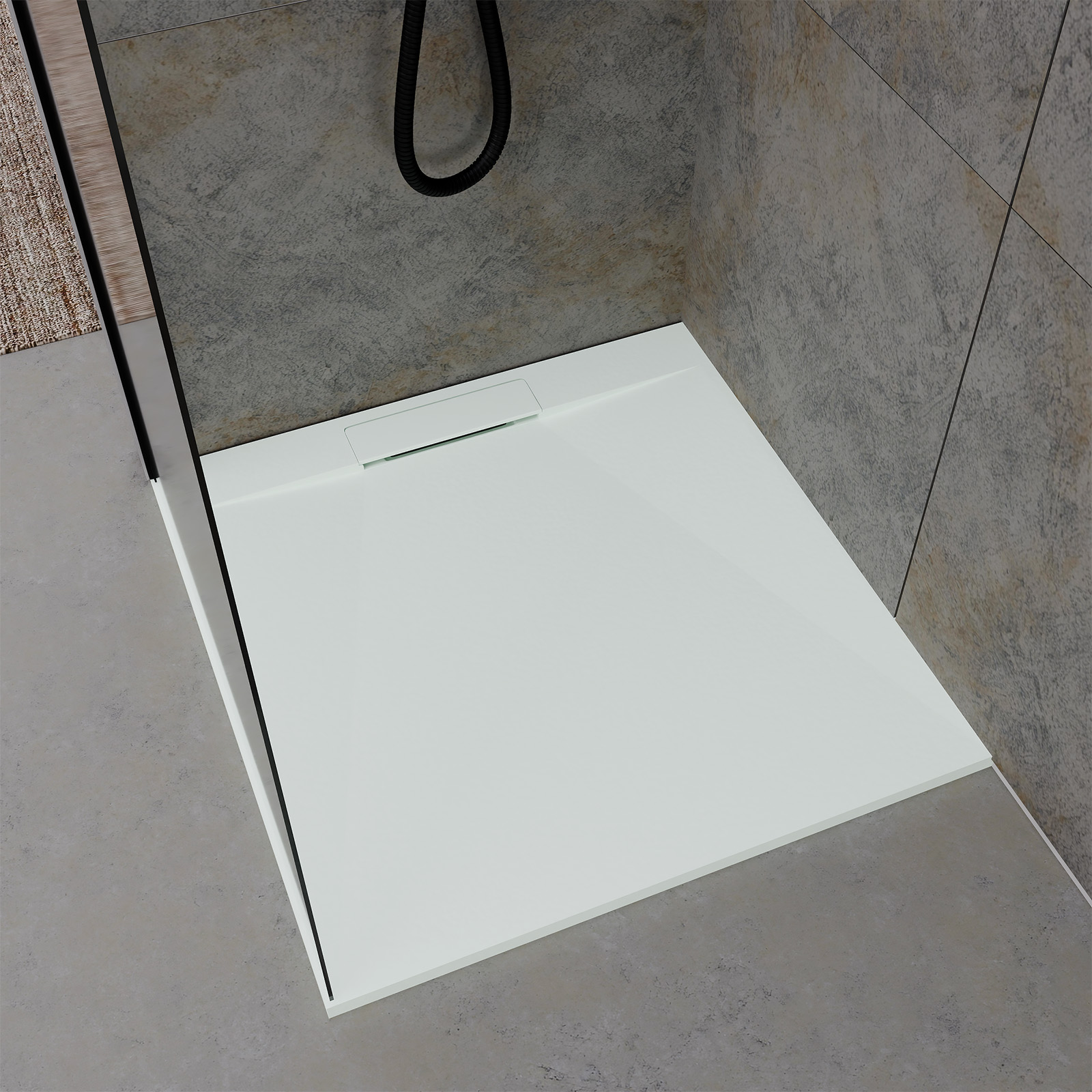 Receveur 90x90x3cm extra-plat en polybéton blanc mat effet pierre - redécoupable - liana