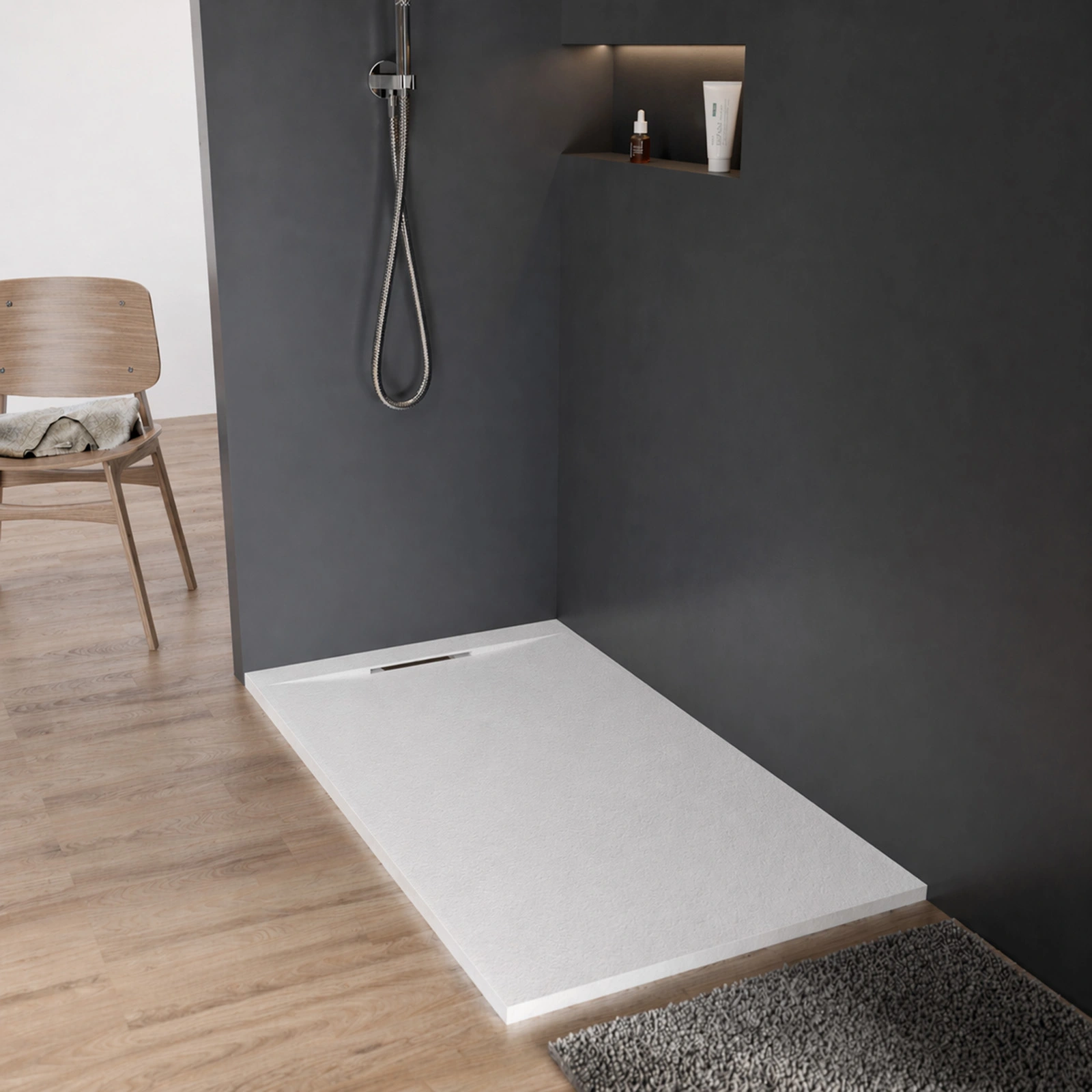 Receveur 160x90x3cm Extra-plat en Polybéton Blanc Mat Effet Pierre - Redécoupable - LIANA