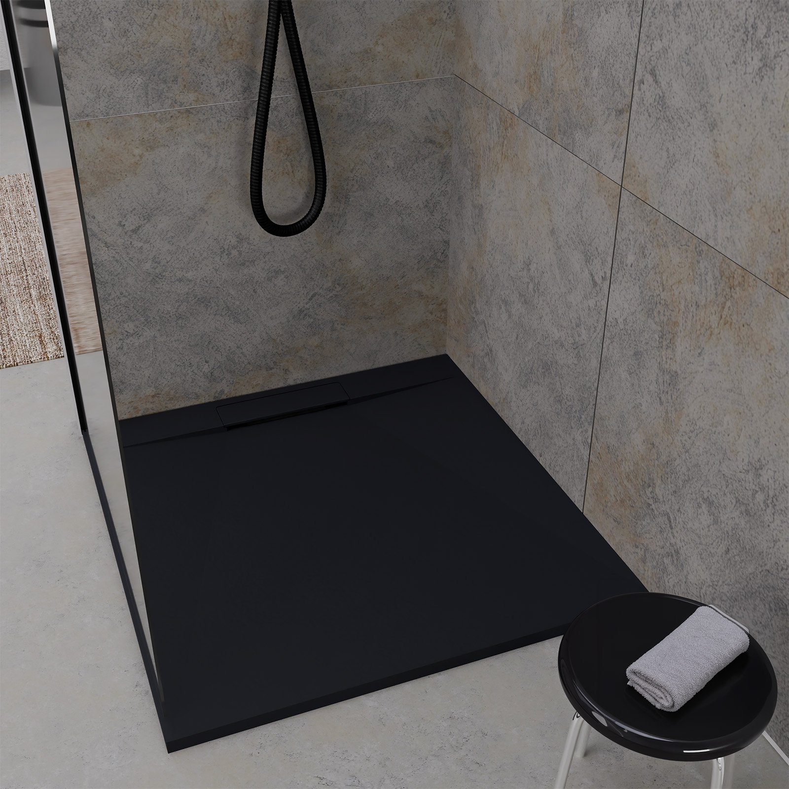 Receveur 90x90x3cm extra-plat en polybéton noir mat effet pierre - redécoupable - liana