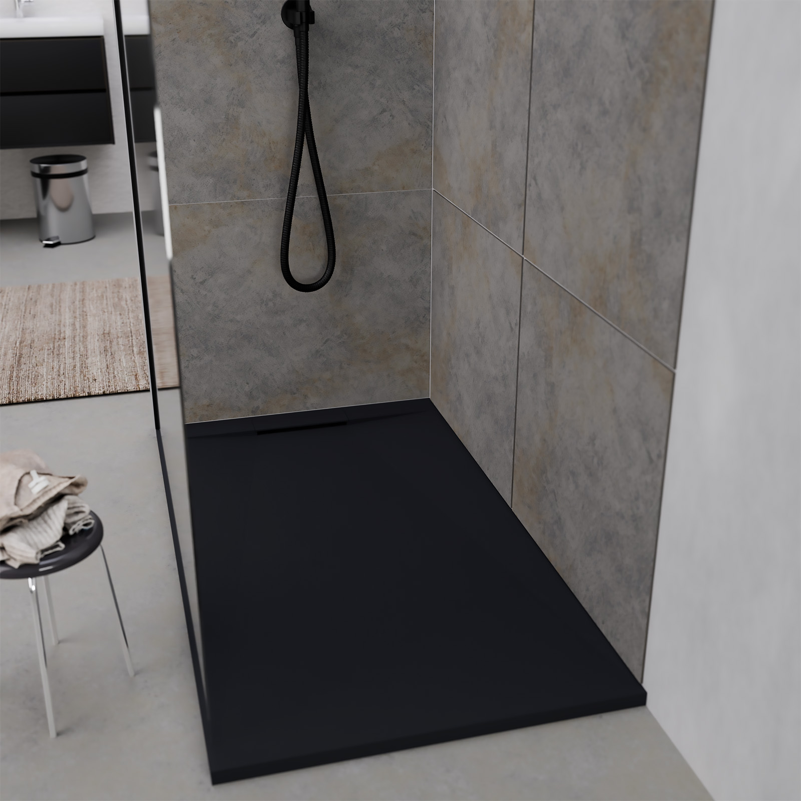 Receveur 120x90x3cm extra-plat en polybéton noir mat effet pierre - redécoupable - liana