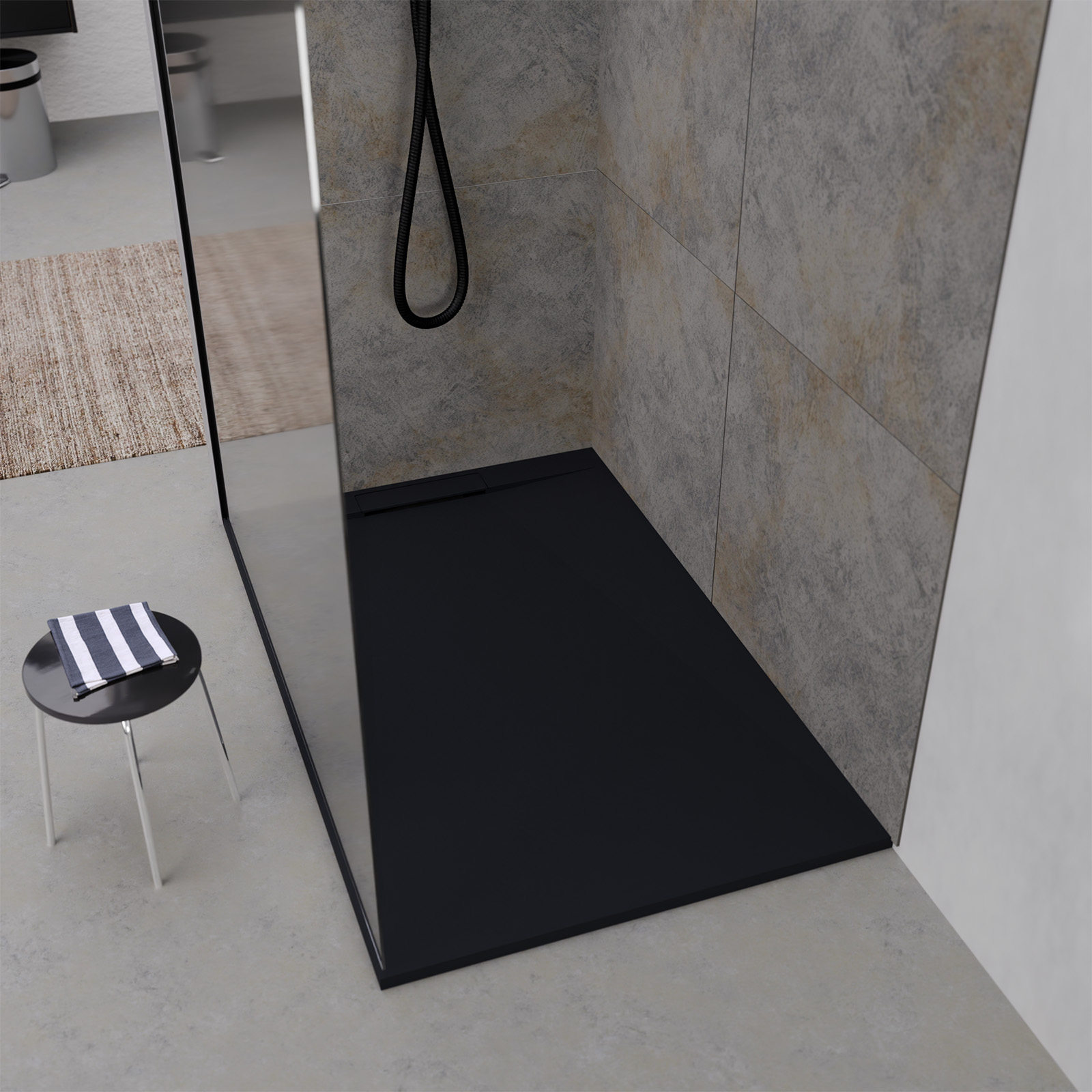 Receveur 140x90x3cm extra-plat en polybéton noir mat effet pierre - redécoupable - liana