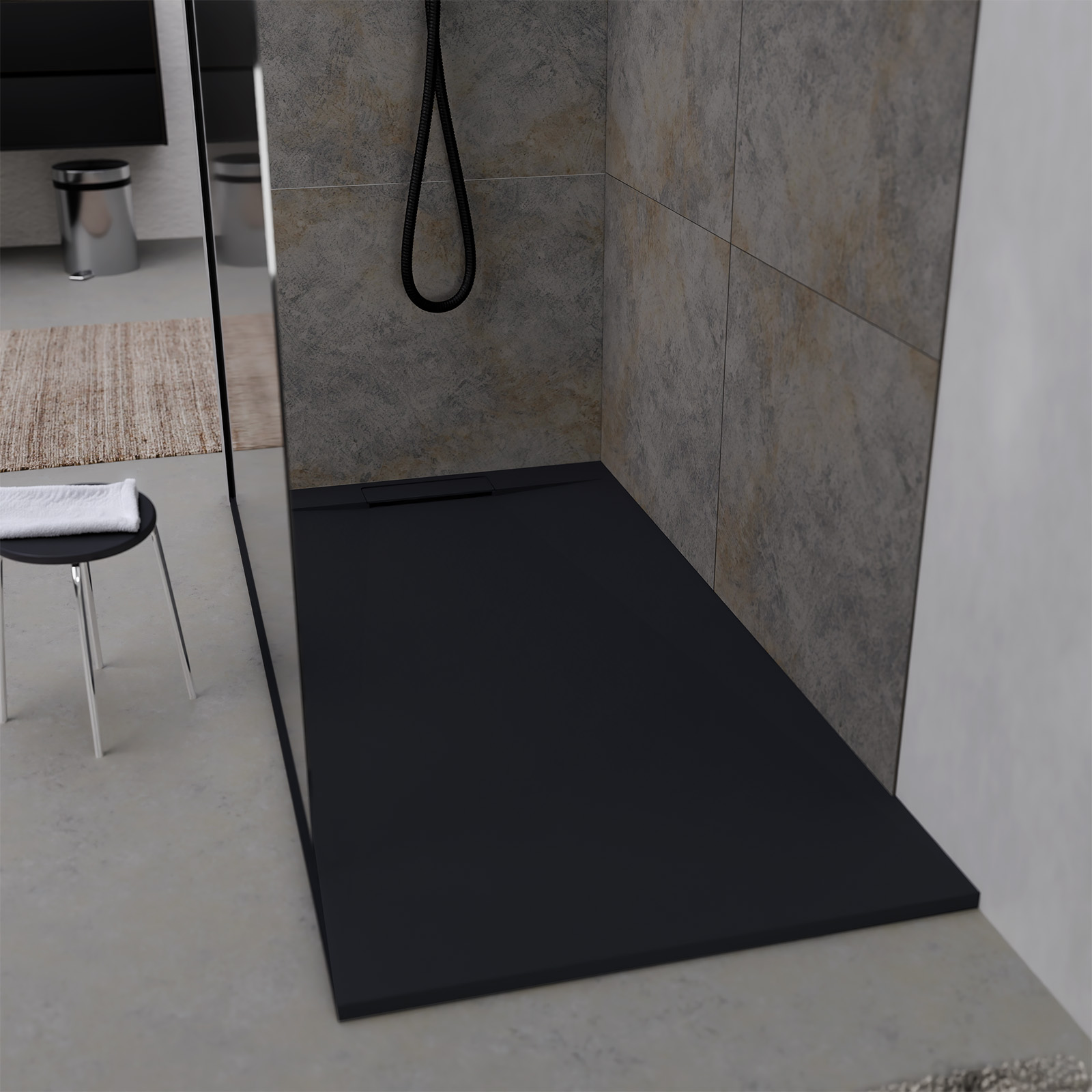 Receveur 180x90x3cm extra-plat en polybéton noir mat effet pierre - redécoupable - liana