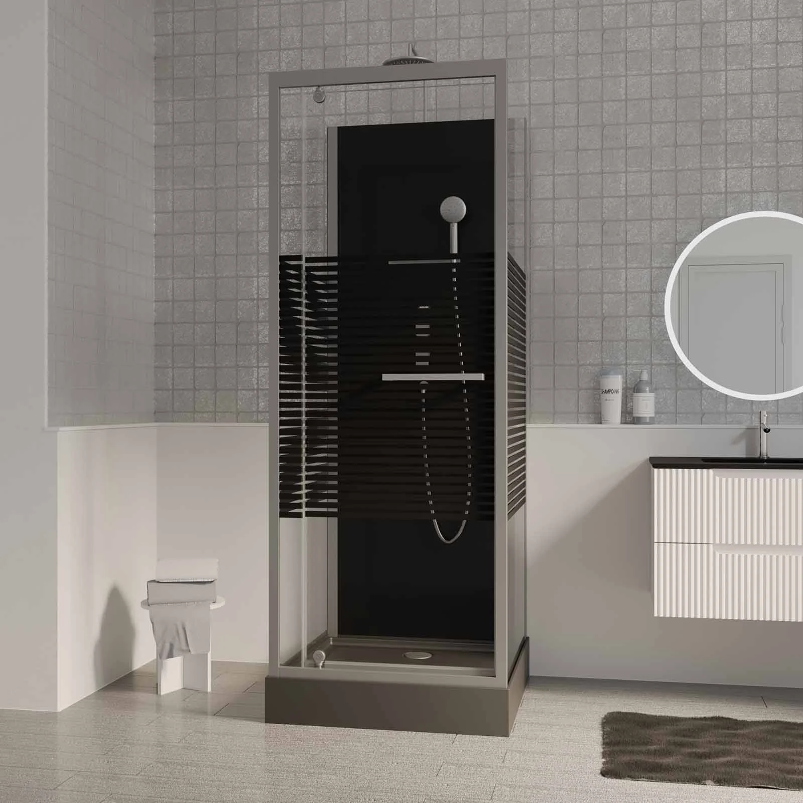 Cabine de douche carree 70x70x215 cm - Porte pivotante - Lignes grises anthracites - SCRATCHY 2