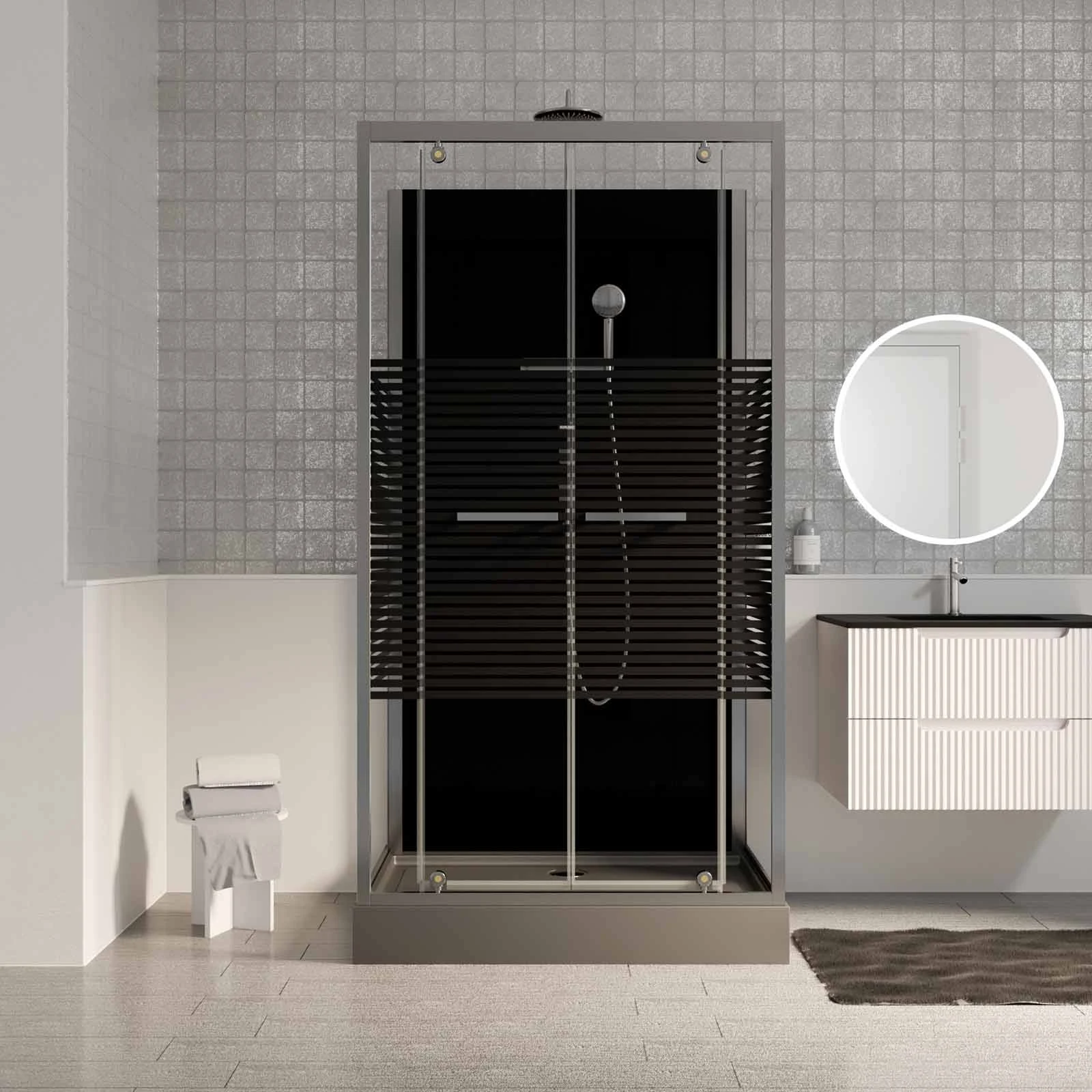 Cabine de douche rectangle 110x80x215cm - Portes pivotantes - Lignes grises anthracites - SCRATCHY 2