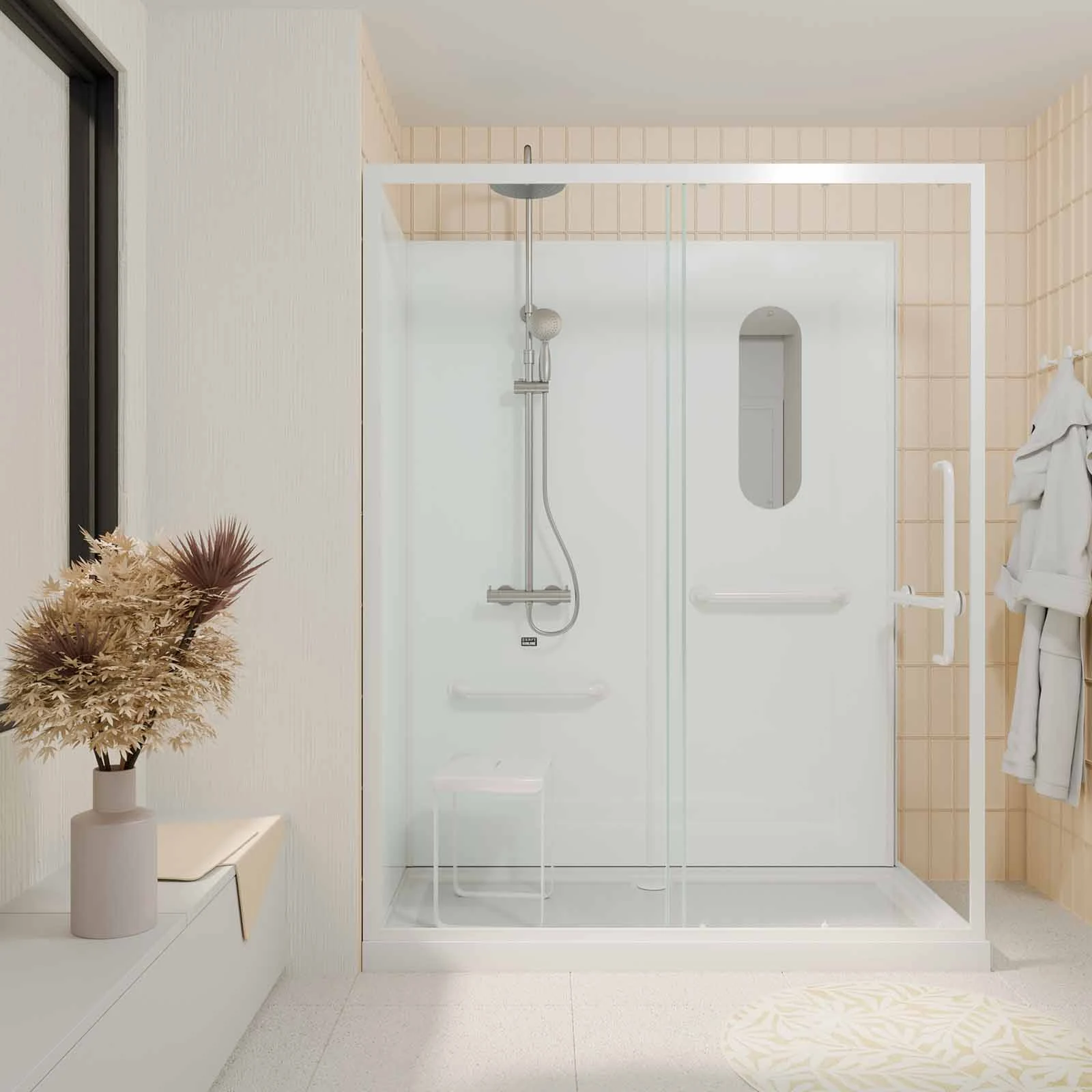 Cabine de douche blanche sécurisée et accessible à tous 160x85x220cm - Mitigeur Thermostatique