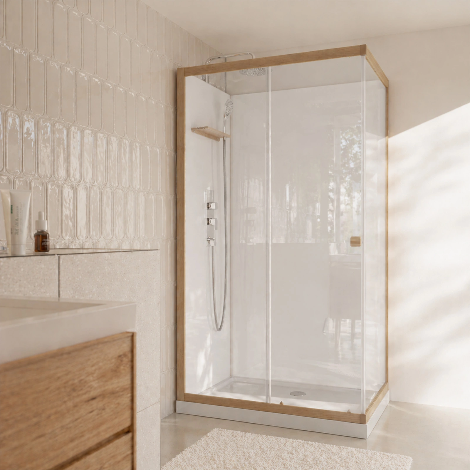 Cabine de Douche Rectangle 110x80x200/230cm Effet Bois et Fonds Blancs - Receveur Bas