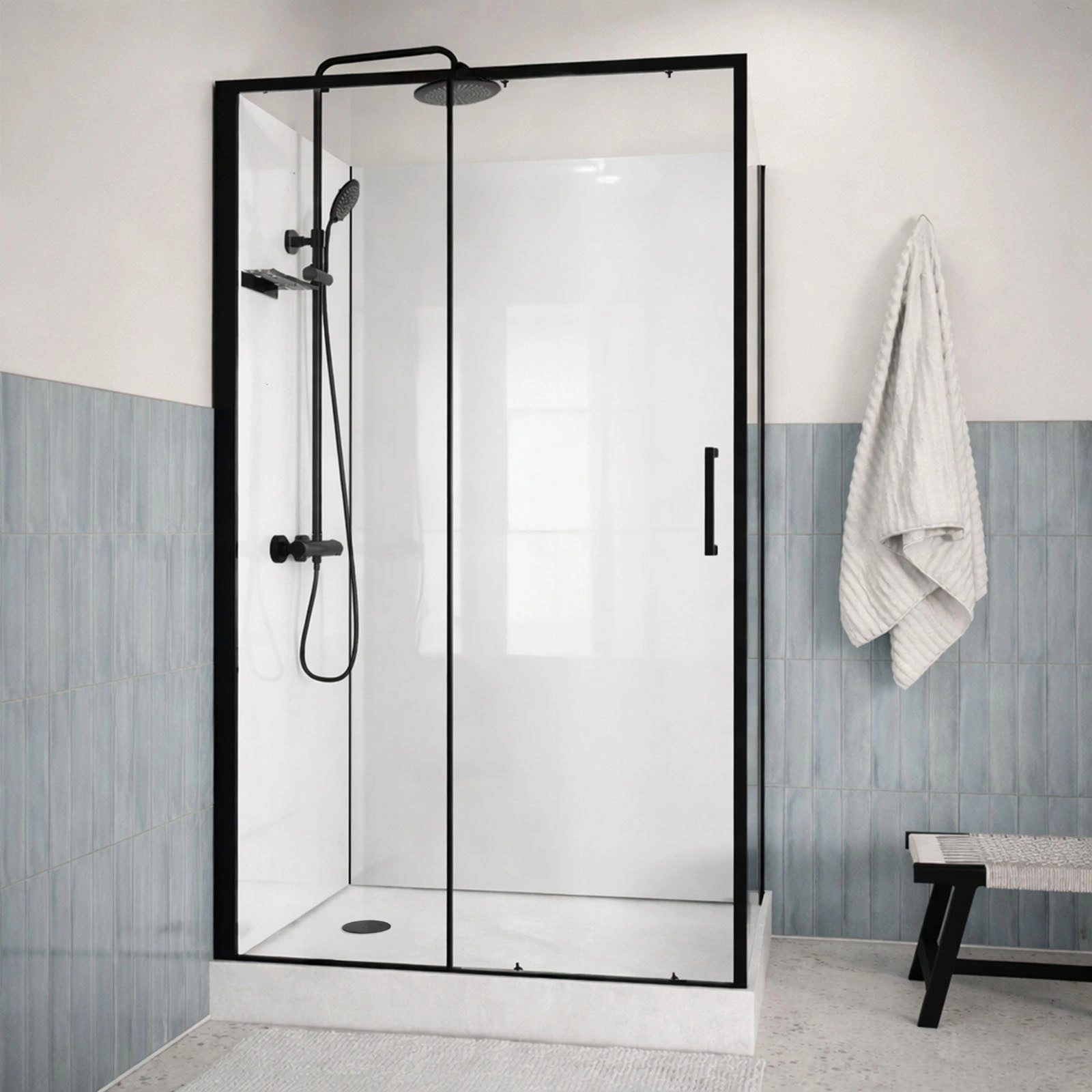 Cabine de Douche Rectangle 115x90 - Colonne Thermostatique Noire et Receveur Haut Effet Pierre