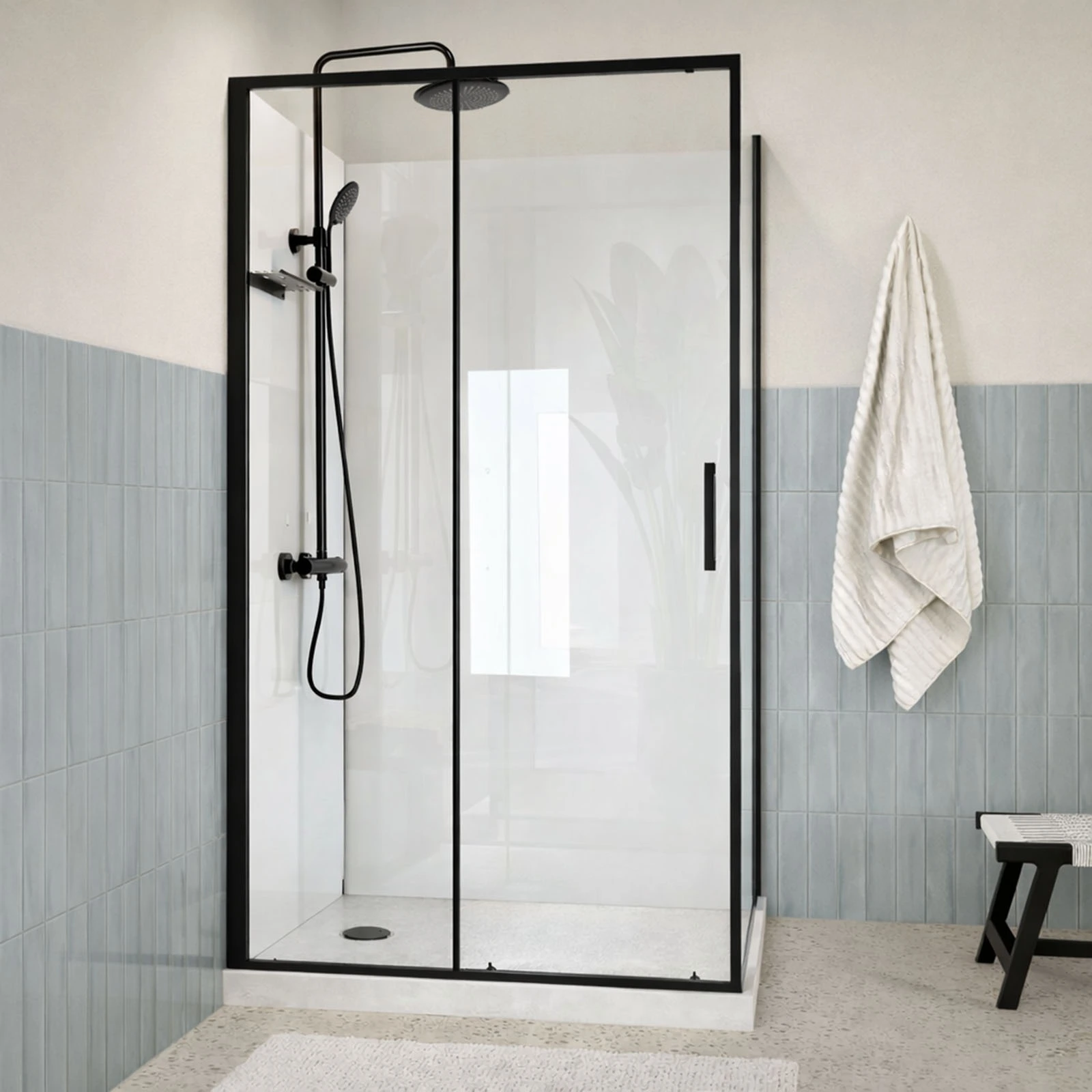 Cabine de Douche Rectangle 115x90 - Colonne Thermostatique Noire et Receveur Bas Effet Pierre