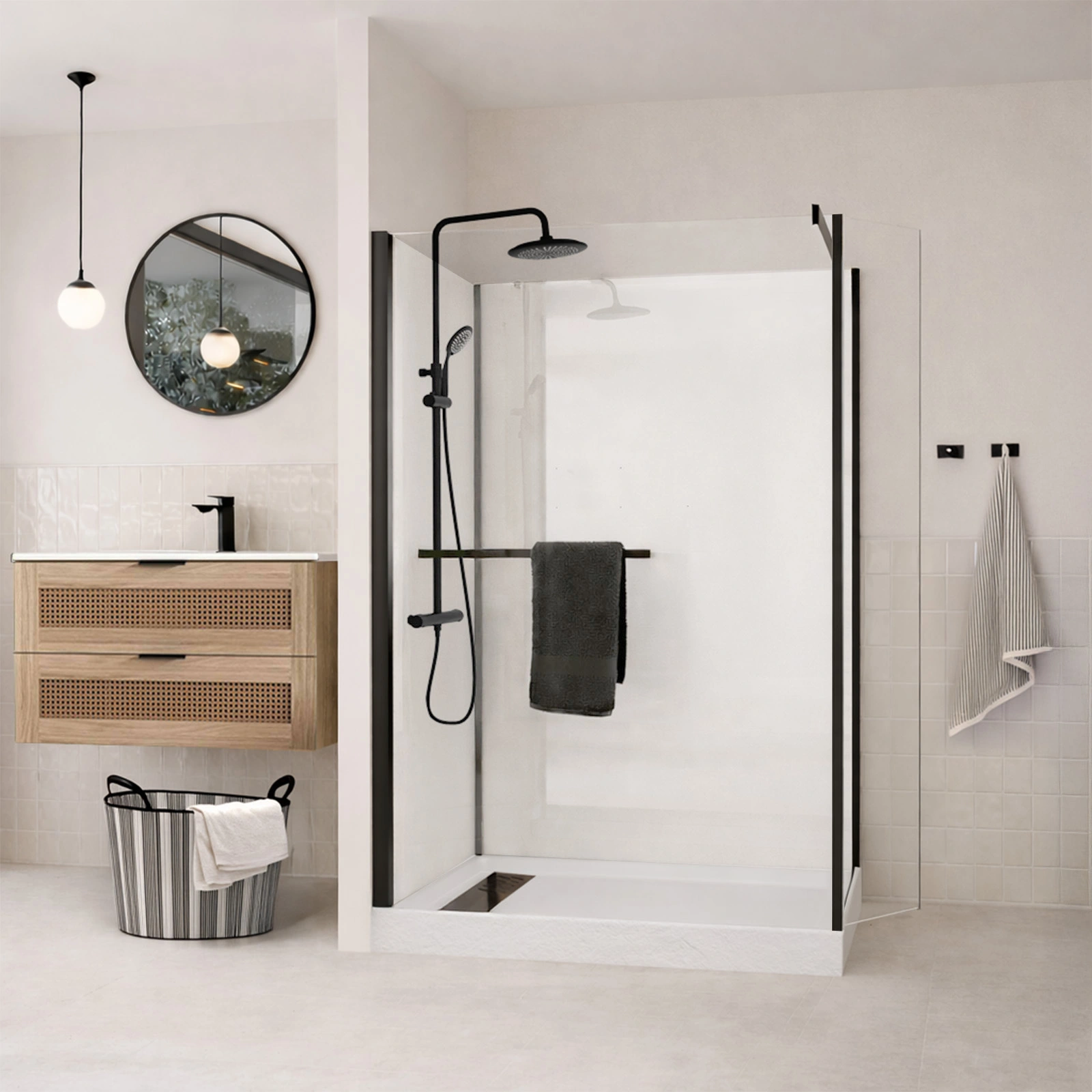 Cabine de Douche à l'Italienne 120x90 - Colonne Thermostatique Noire et Receveur Haut Effet Pierre