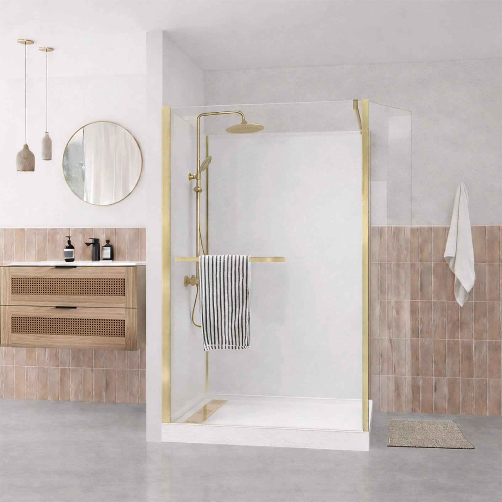 Cabine de Douche à l'Italienne 120x90 Colonne Thermostatique Or Brossé et Receveur Haut Effet Pierre