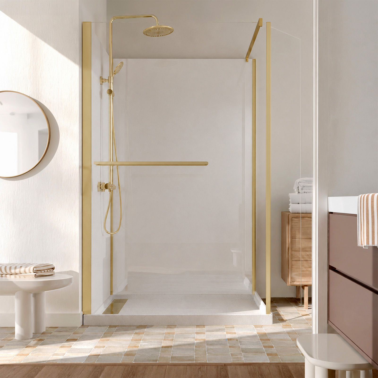 Cabine de douche à l’italienne 120×90 colonne thermostatique or brossé et receveur bas effet pierre
