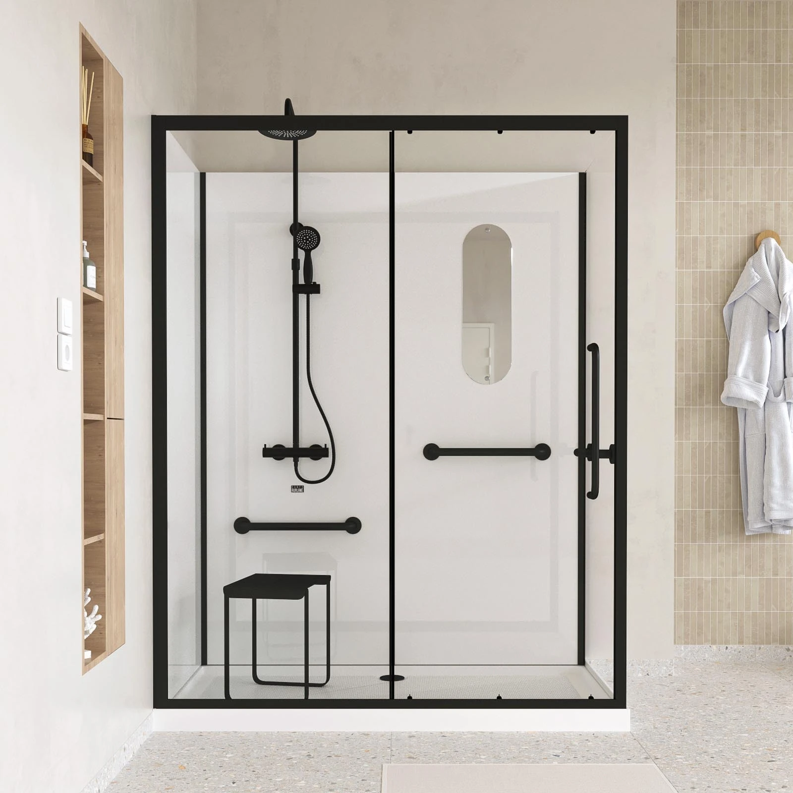 Cabine de douche noire sécurisée et accessible à tous 170x85x220cm - mitigeur thermostatique