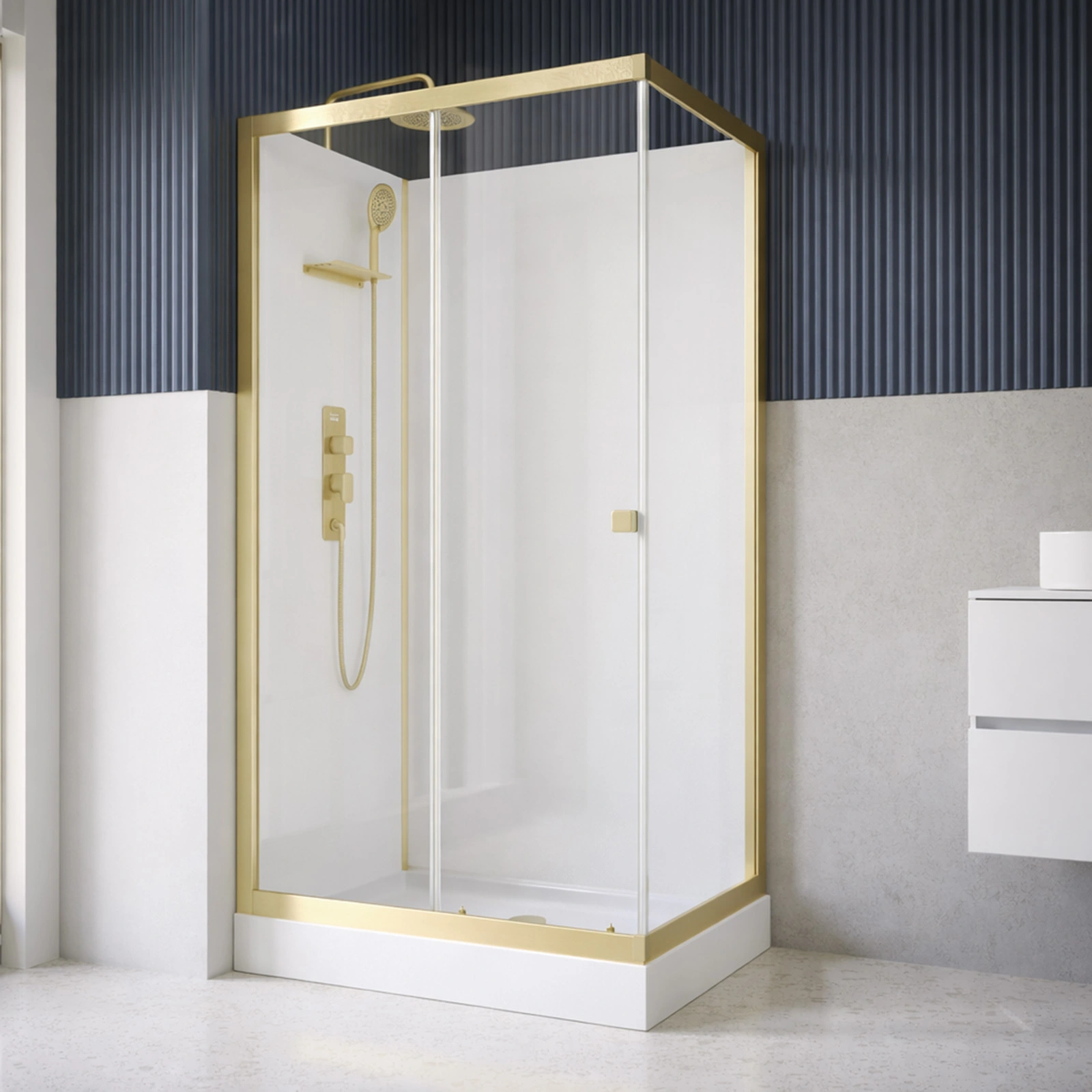Cabine de douche Rectangle 110x80x206.5/236.5cm Blanche et Profilés Or Brossé - Receveur standard