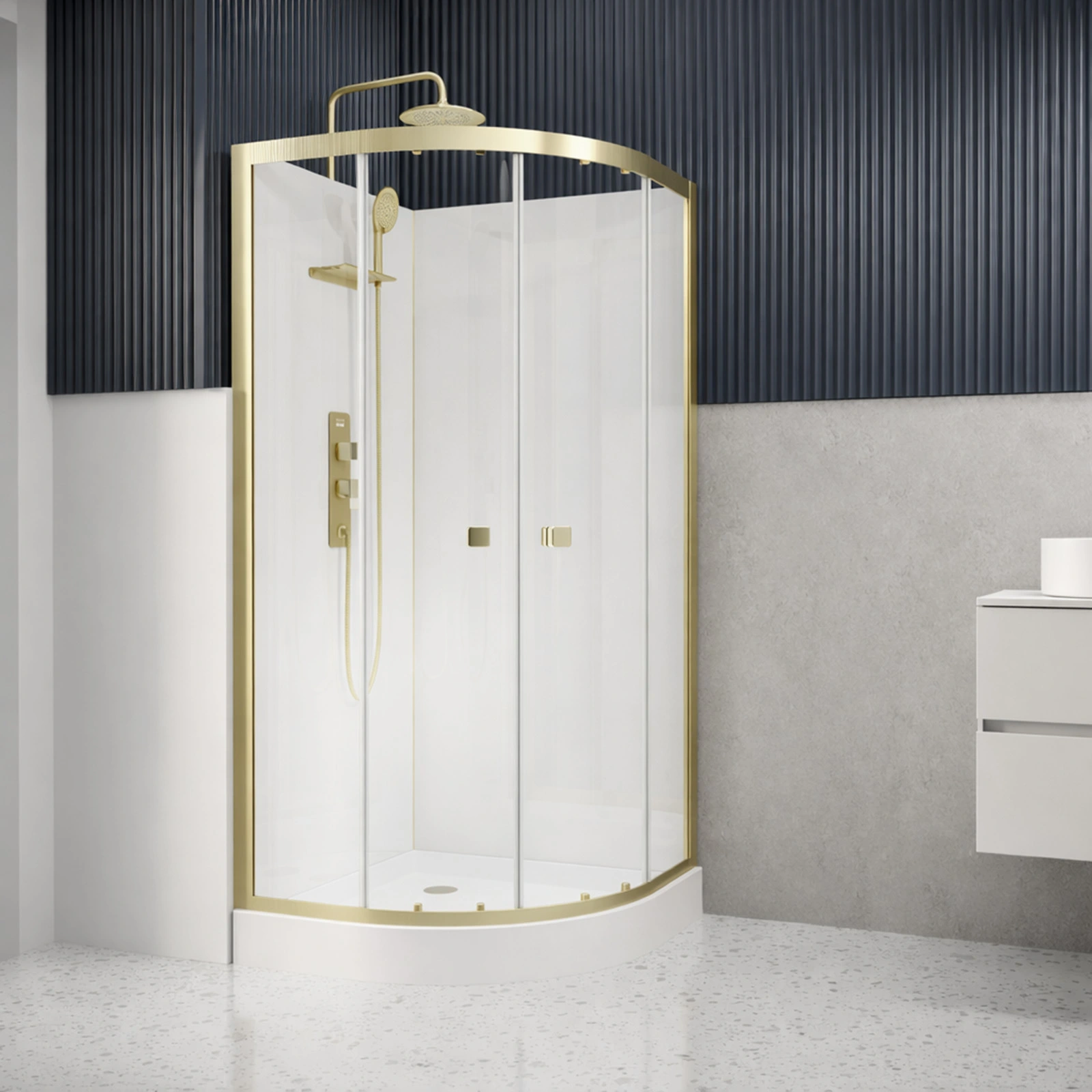 Cabine de douche 1/4 de cercle 90x90x206.5/236.5cm Blanche et Profilés Or Brossé - Receveur standard