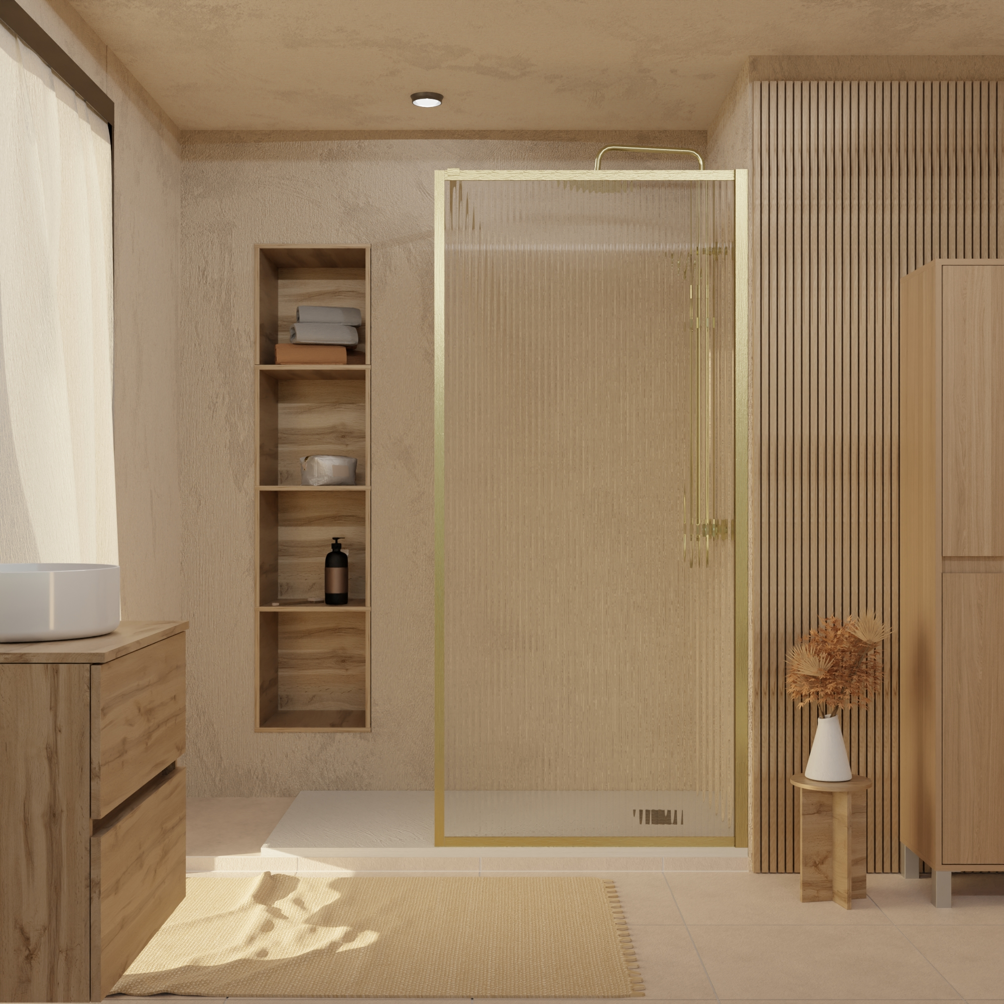 Paroi de Douche Verre Ondulé 6 mm - 90x200 cm - Cadre et Bras Aluminium Or Brossé