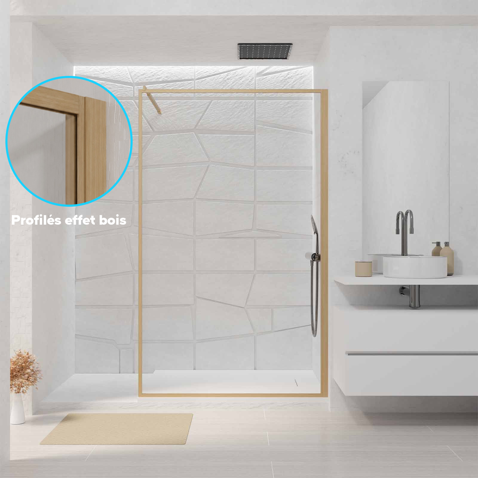 Paroi de Douche 120x200 cm - Cadre et Bras Aluminium Décor Bois - WOODEN CONTOURING