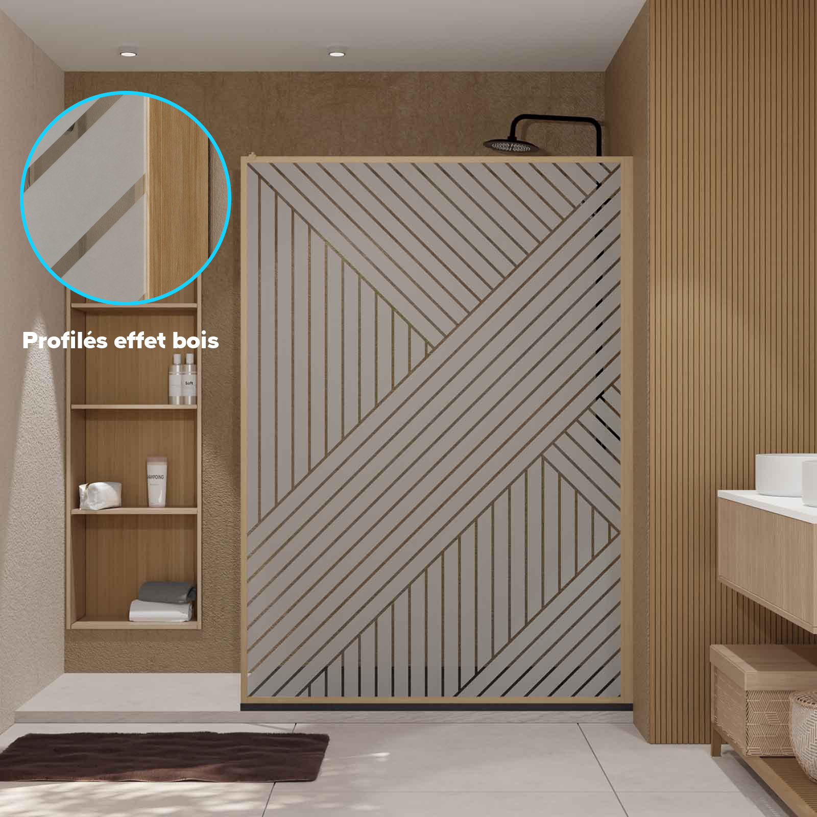 Paroi de douche 120x200 hinata - style japandi geometrique - cadre effet bois - verre 6mm