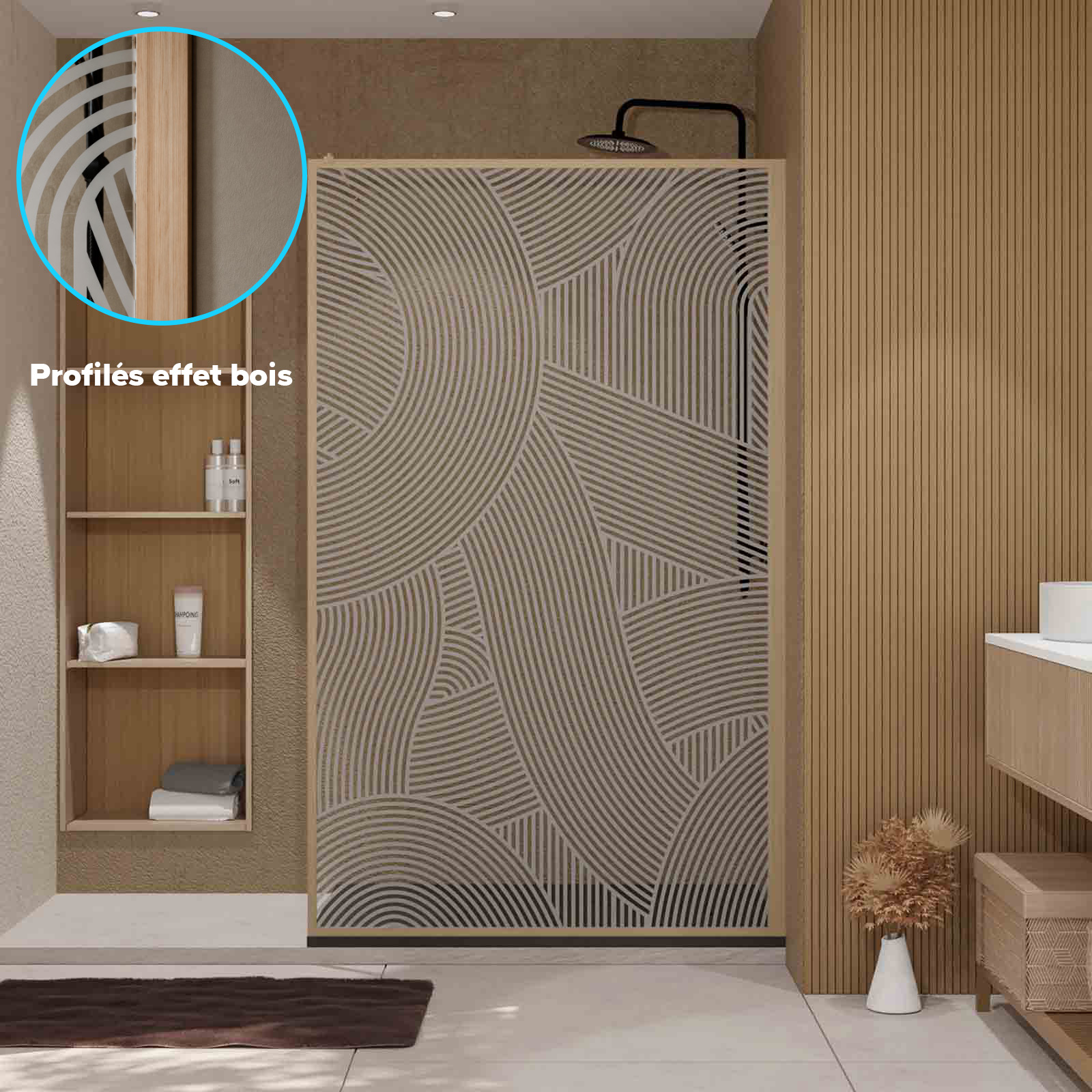Paroi de douche 120 x 200 HINATA style Japandi courbes douces - Cadre effet Bois - Verre 6mm