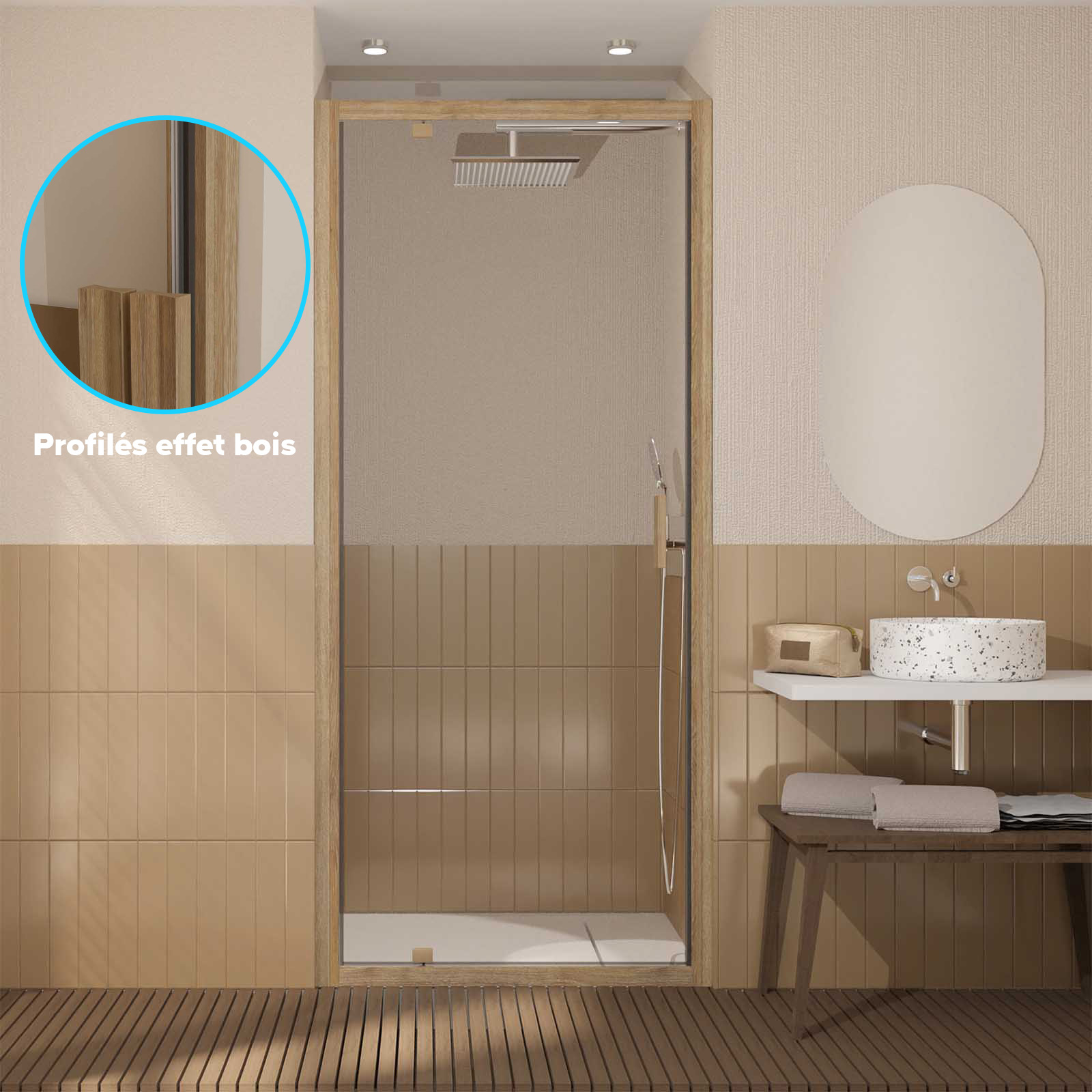 Porte de douche Pivotante 90x200cm - Profilés Aluminium effet Bois - Verre 6mm - WOOD CRUSH