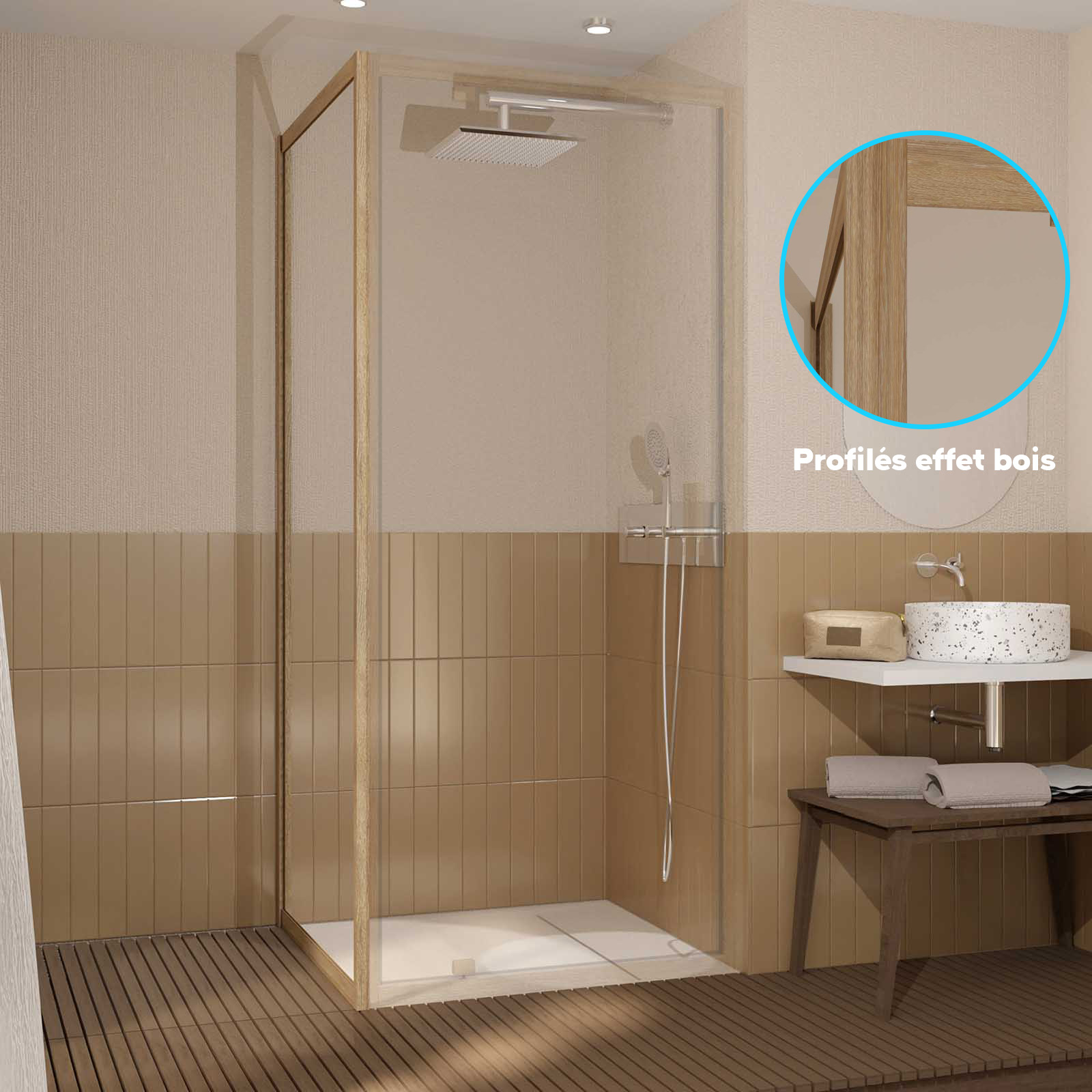 Paroi de retour 90x200cm - Profilés Aluminium effet Bois - Verre Trempé 6mm - WOOD CRUSH