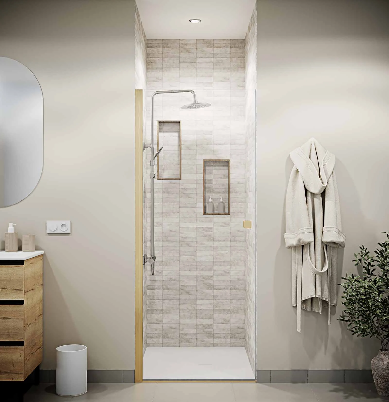 Porte de Douche Pivotante 70x180 cm en Verre Trempe 5 mm - Finition Or Brosse - GOLD ELEMENTARY