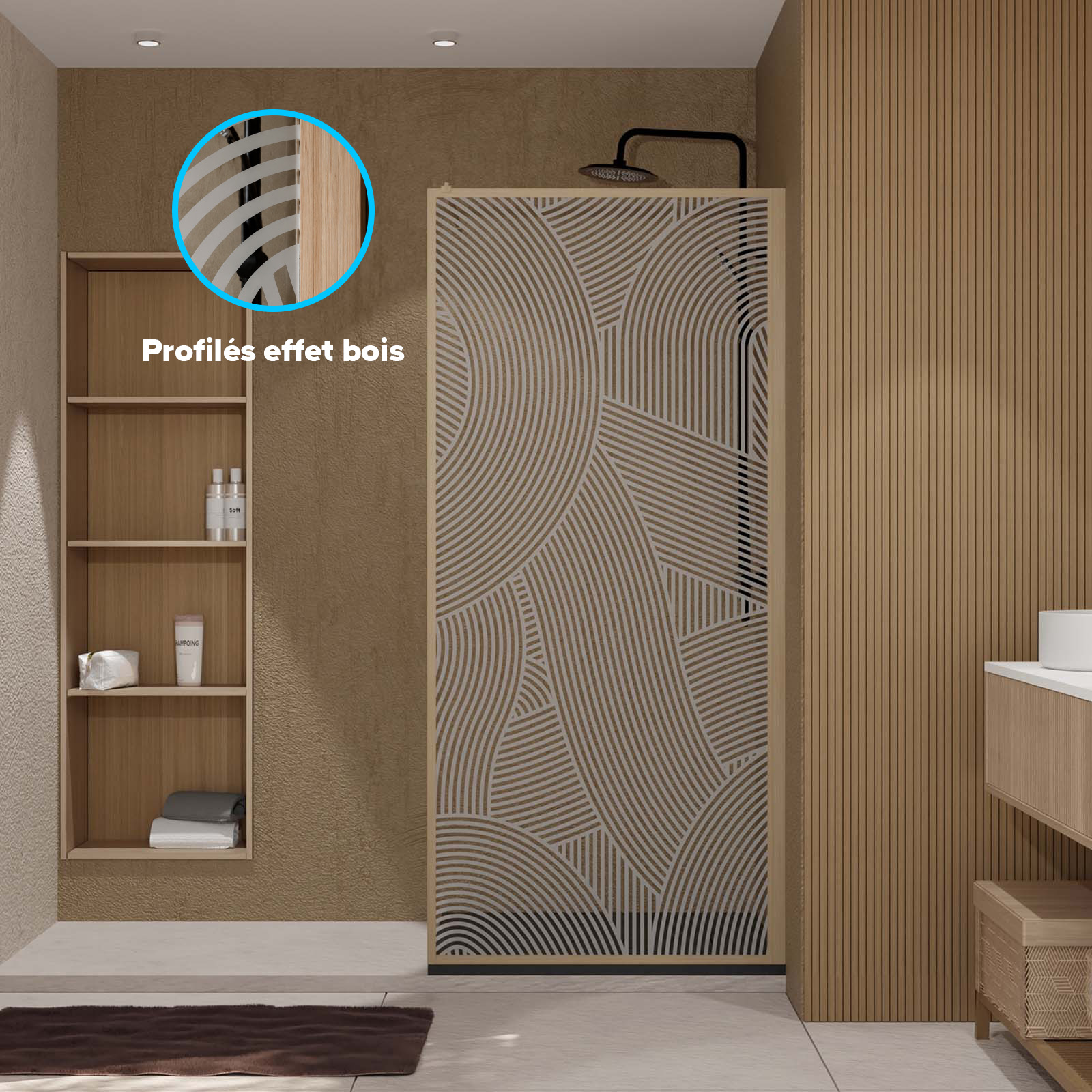 Paroi de douche 90 x 200 hinata - style japandi courbes douces - cadre effet bois - verre 6mm