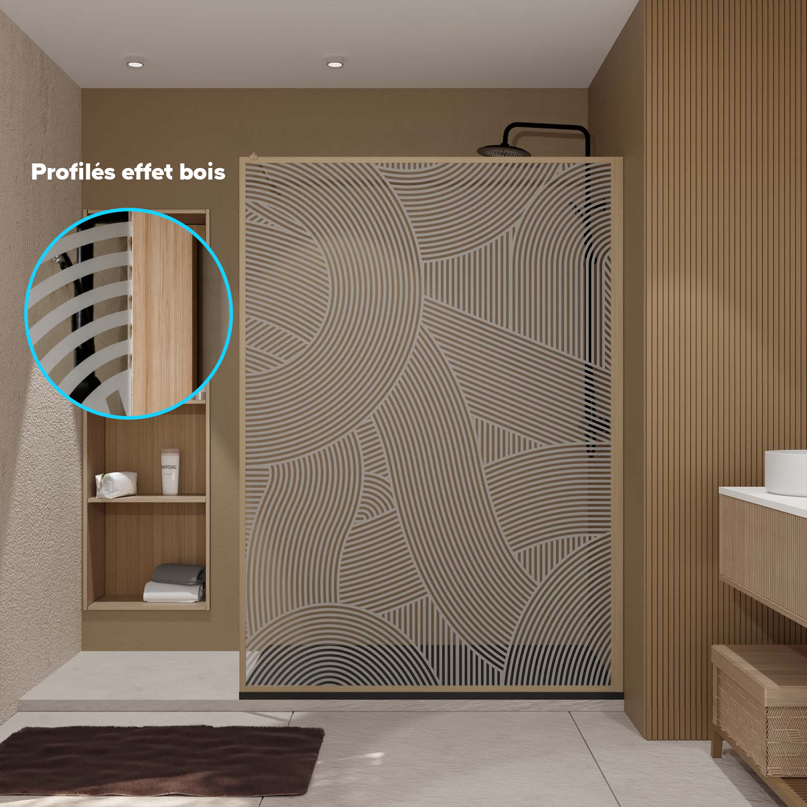Paroi de douche 140 x 200 HINATA - style Japandi courbes douces - Cadre effet Bois - Verre 6mm
