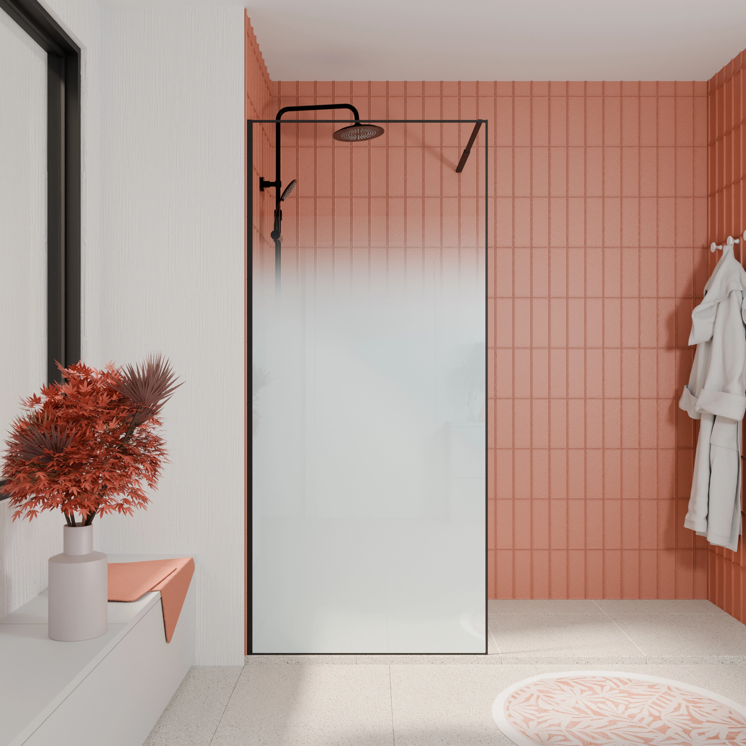 Paroi de douche 90x200cm - Verre degrade blanc effet brume - Encadrement noir mat - NEPHELIE