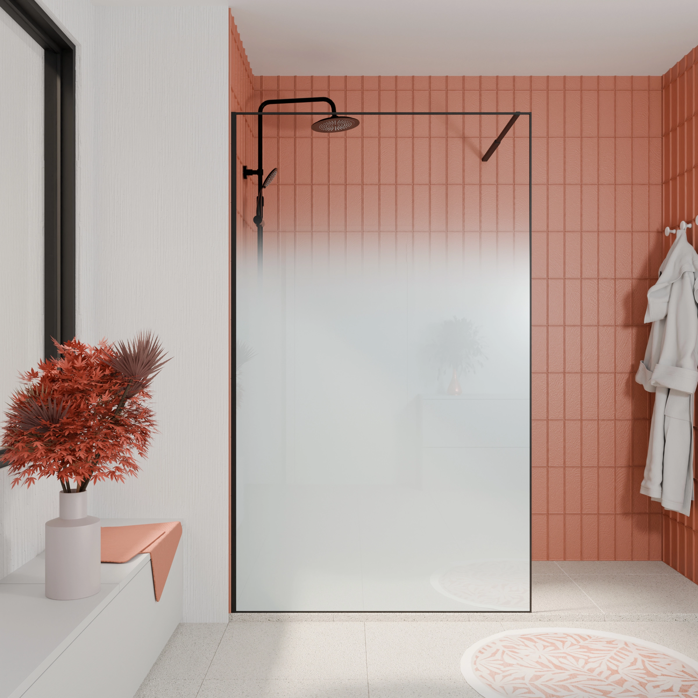 Paroi de douche 140x200cm - Verre degrade blanc effet brume - Encadrement noir mat - NEPHELIE