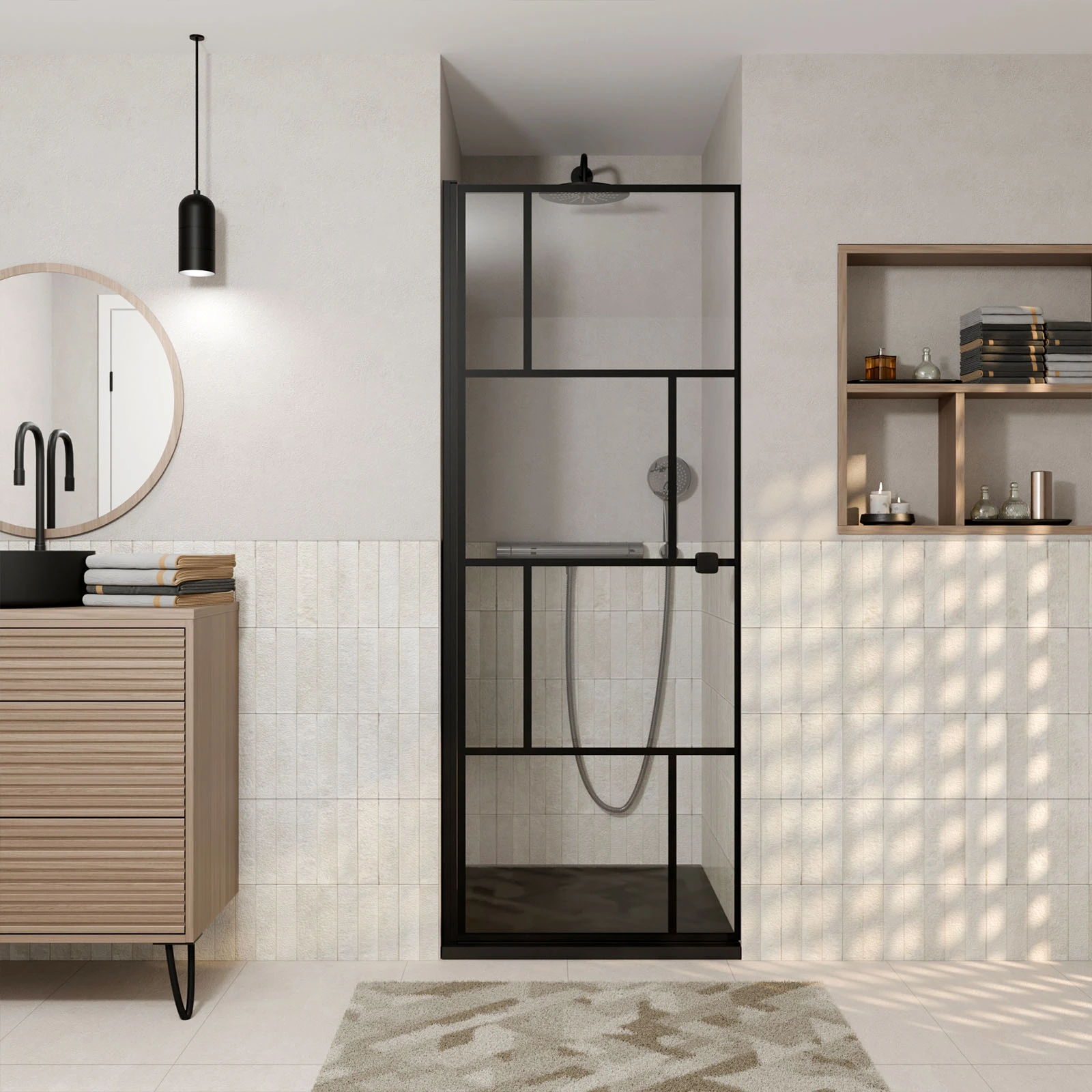 Porte de douche Pivotante Sérigraphie Briques 70x180 cm - Profilé Noir Mat
