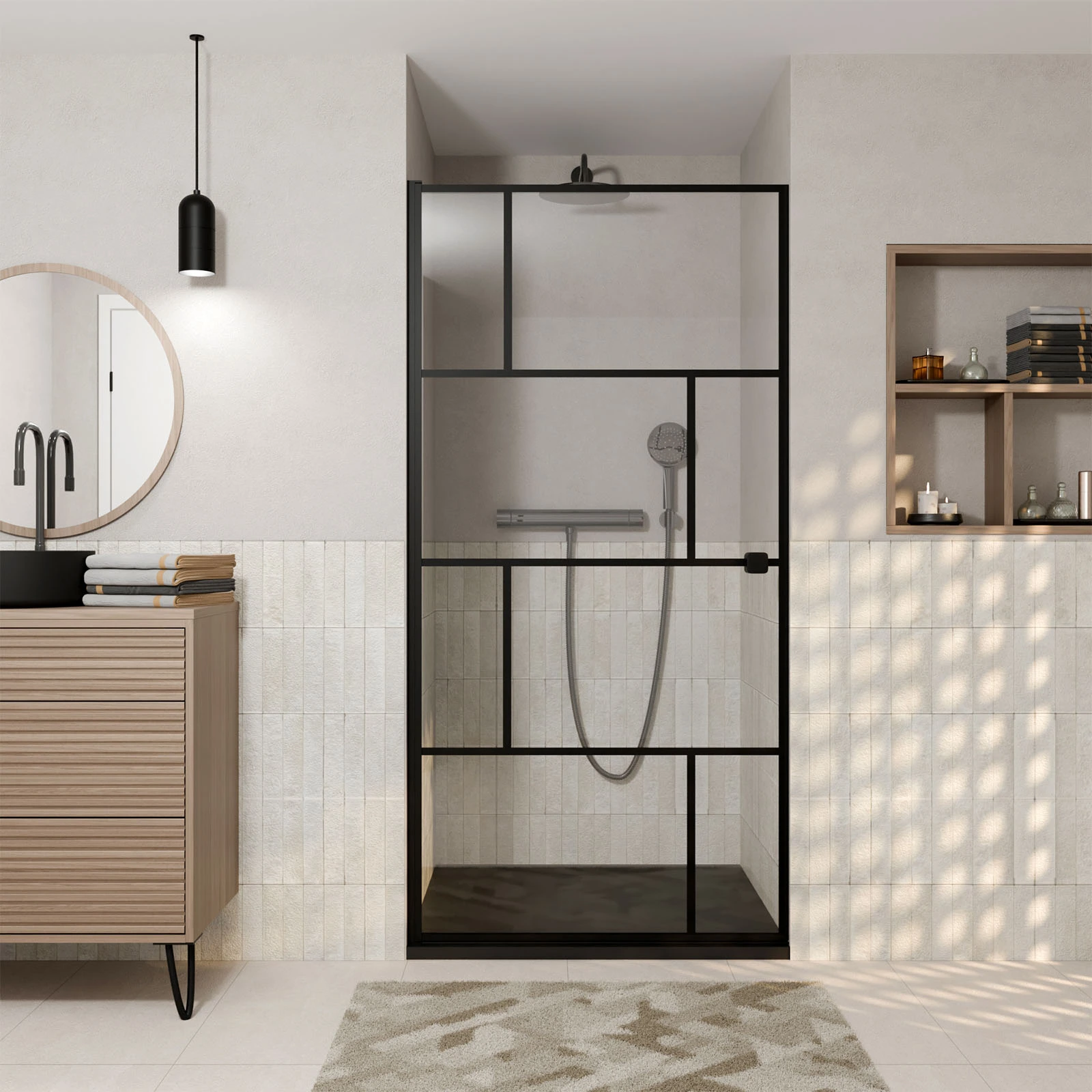 Porte de douche Pivotante Sérigraphie Briques 90x180 cm - Profilé Noir Mat