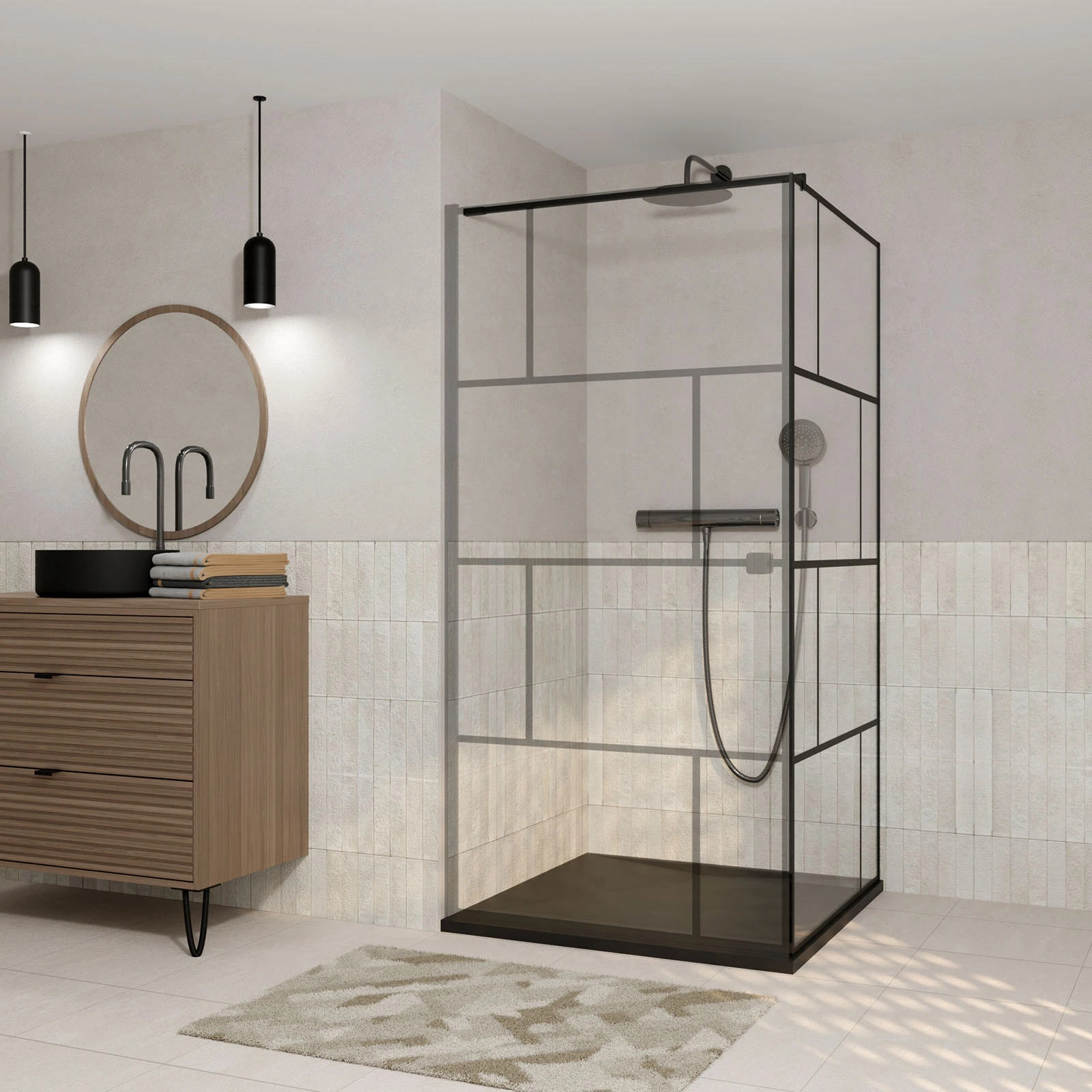 Paroi de retour Sérigraphie Briques 80×180 cm pour Porte de Douche DARK BLOCKS - Profilé Noir Mat