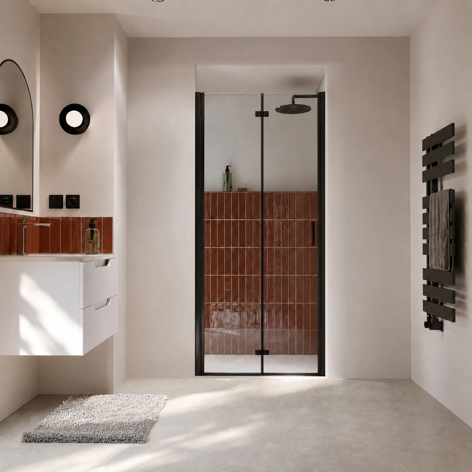 Porte de douche pivotante pliante double sens avec charnières 80x195 cm - Profilé Noir mat - ORIANA