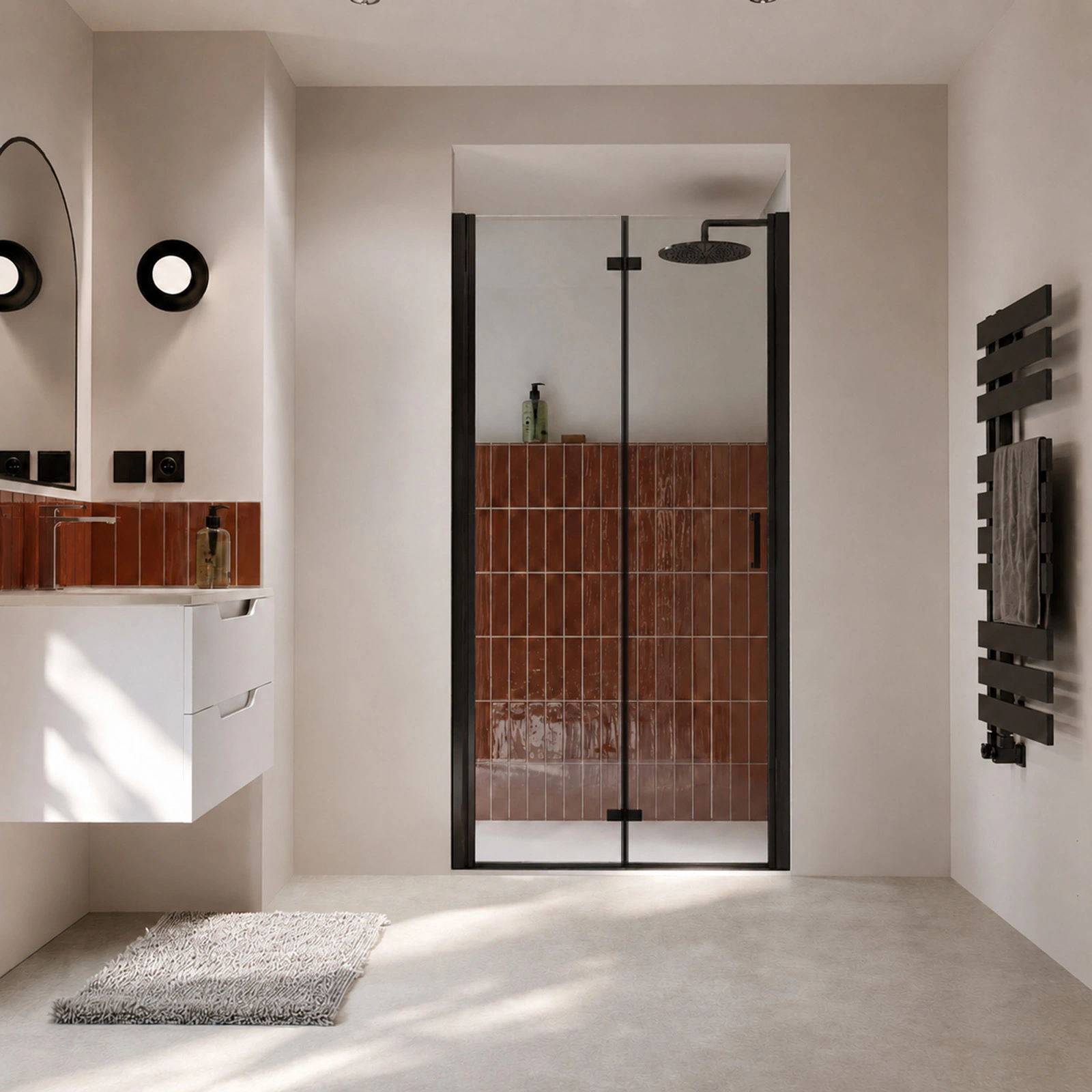 Porte de douche pivotante pliante double sens avec charnières 100x195 cm - Profilé Noir mat