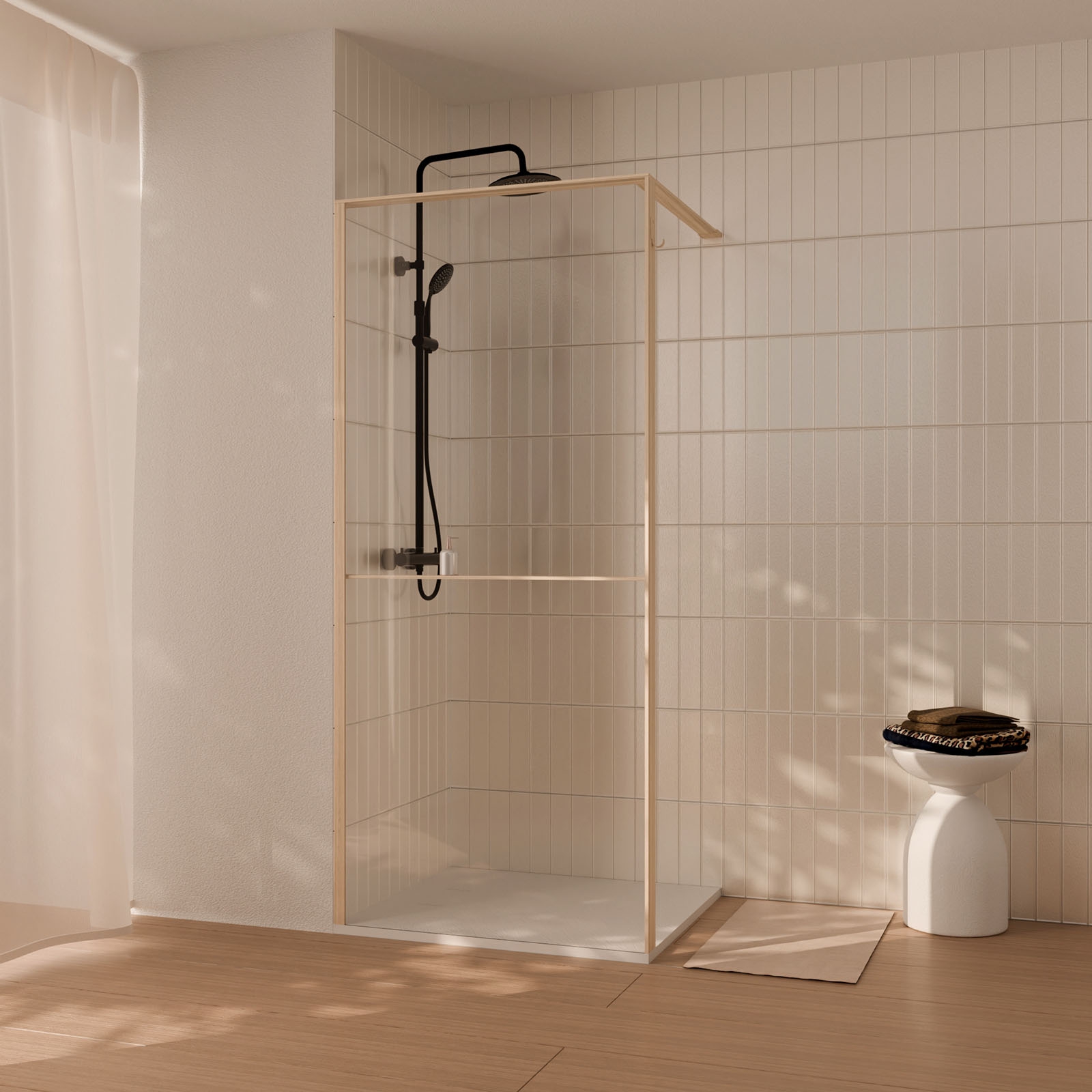 Paroi de douche 90x200cm - cadre et étagère finition chêne clair - verre 8mm anticalcaire - ethan