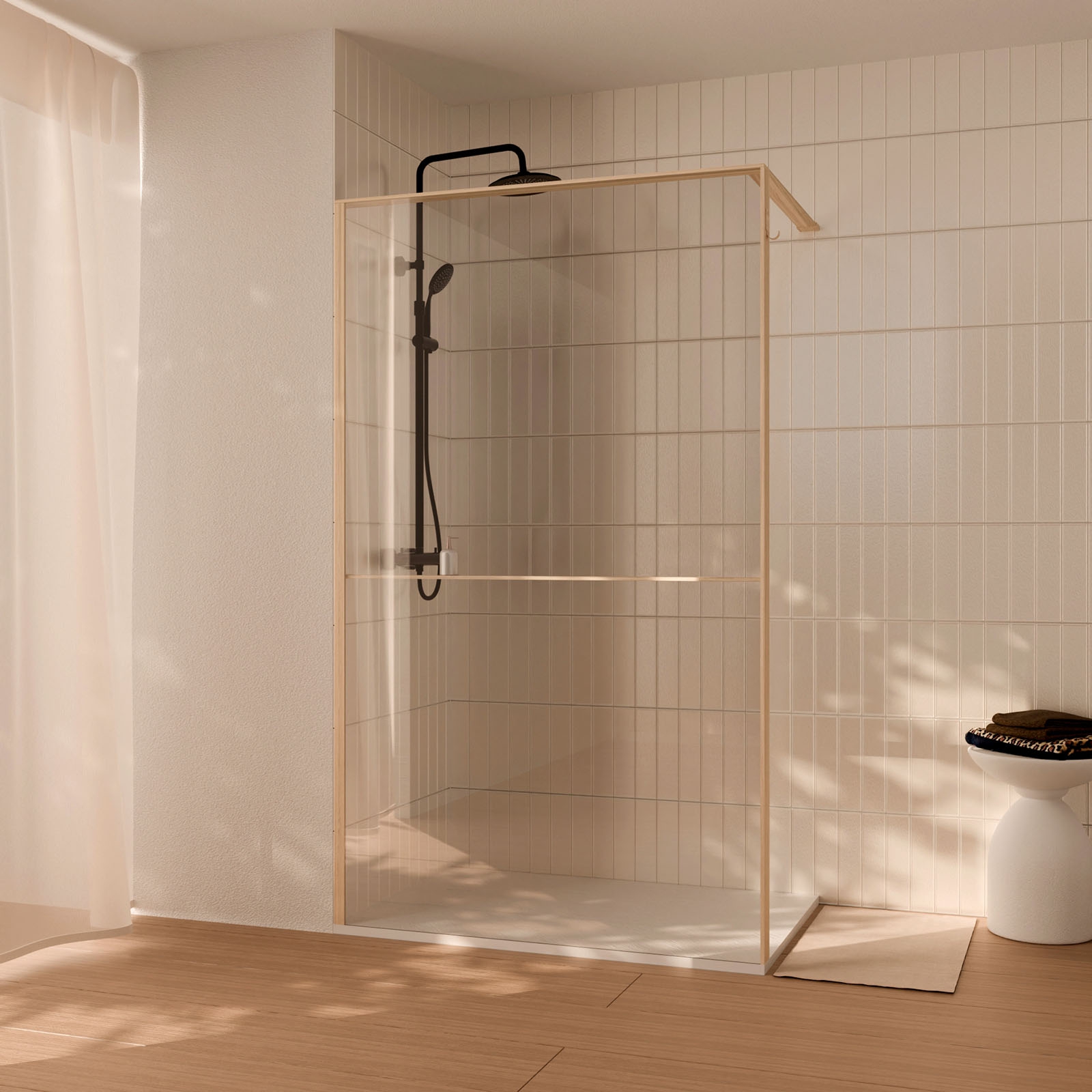 Paroi de douche 140x200cm - cadre et étagère finition chêne clair - verre 8mm anticalcaire - ethan