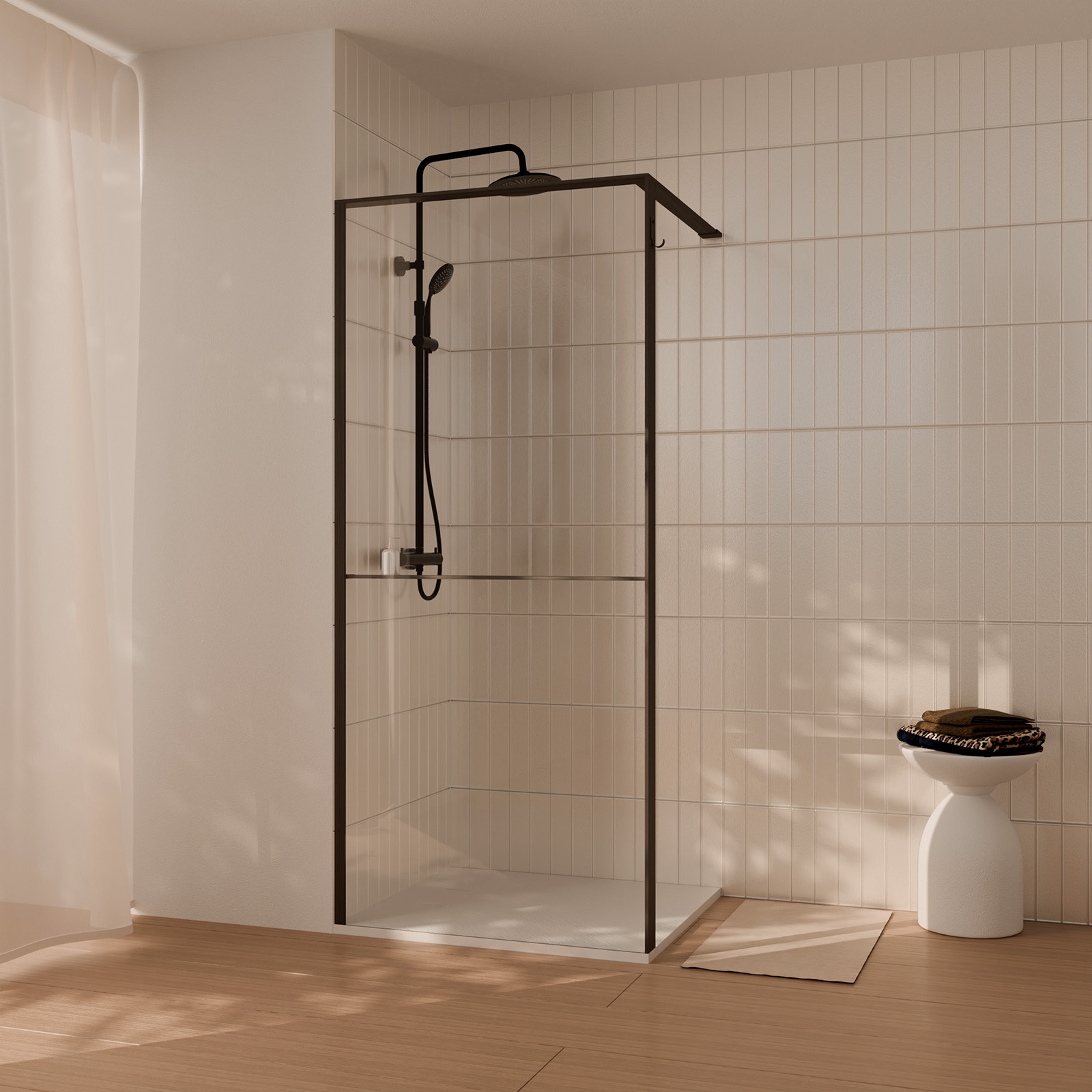 Paroi de douche 90x200cm - cadre et étagère finition chêne foncé - verre 8mm anticalcaire - ethan