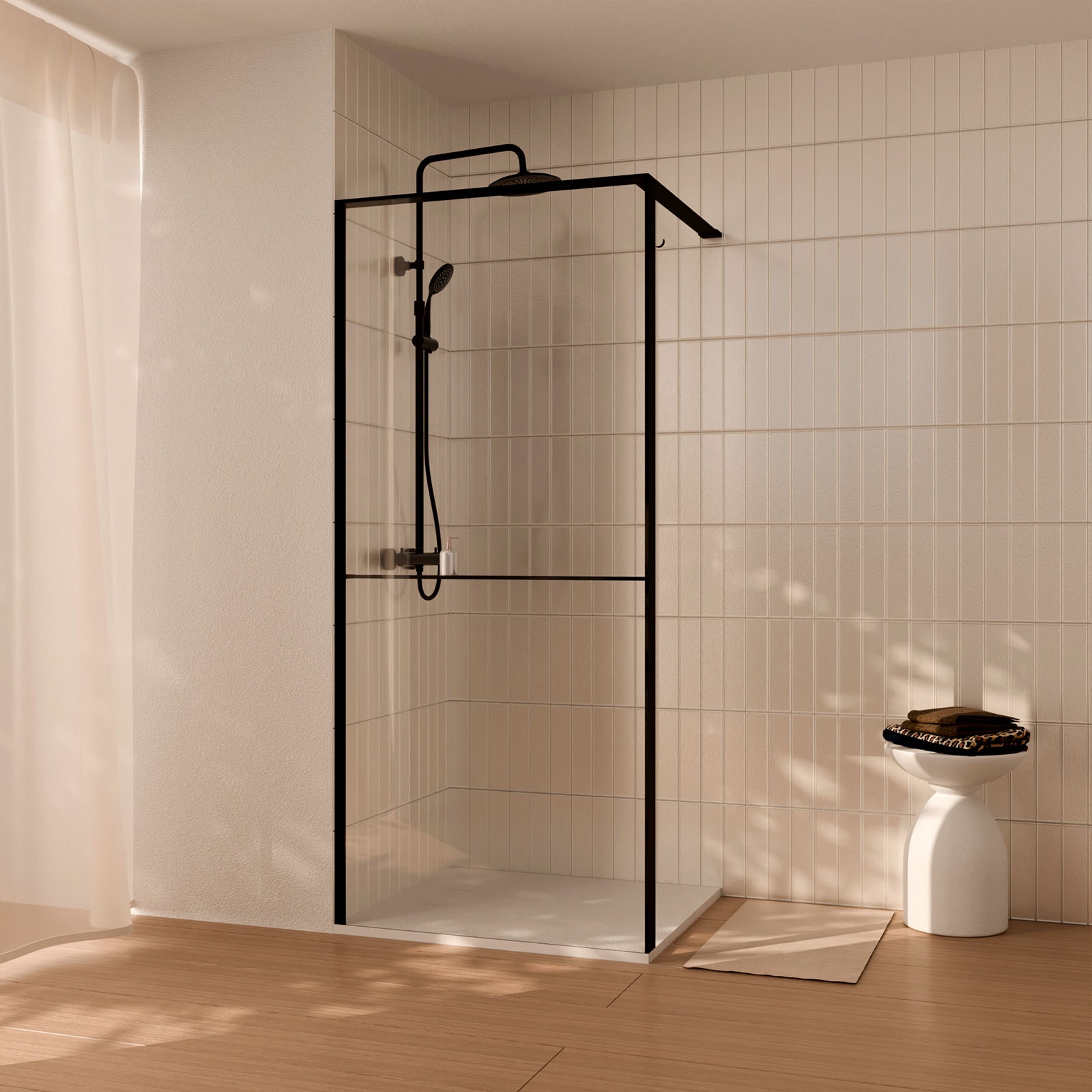 Paroi de douche 100x200cm - cadre et étagère finition chêne foncé - verre 8mm anticalcaire - ethan
