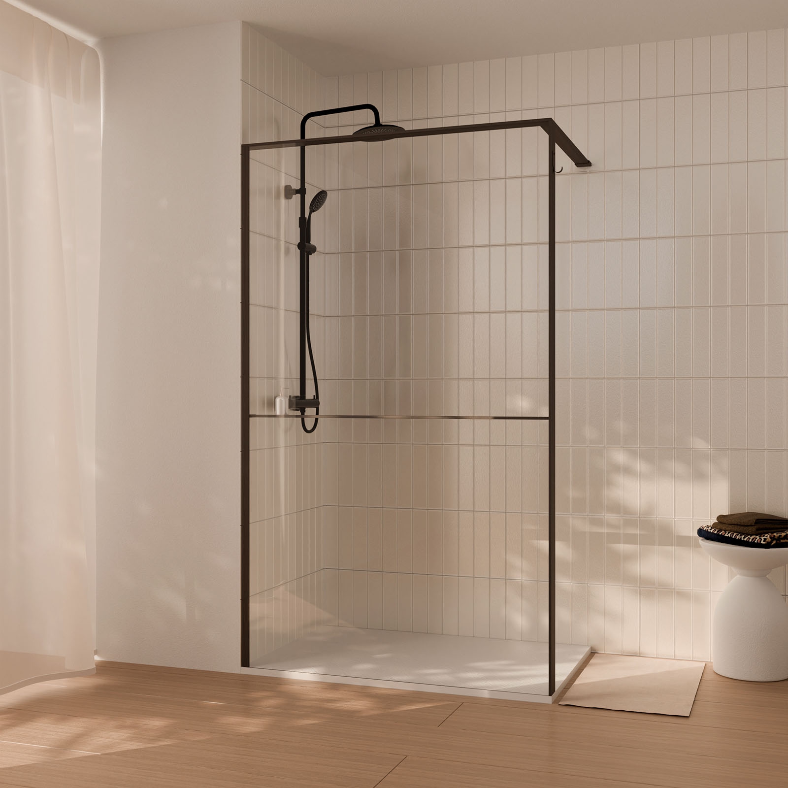 Paroi de douche 140x200cm - cadre et étagère finition chêne foncé - verre 8mm anticalcaire - ethan