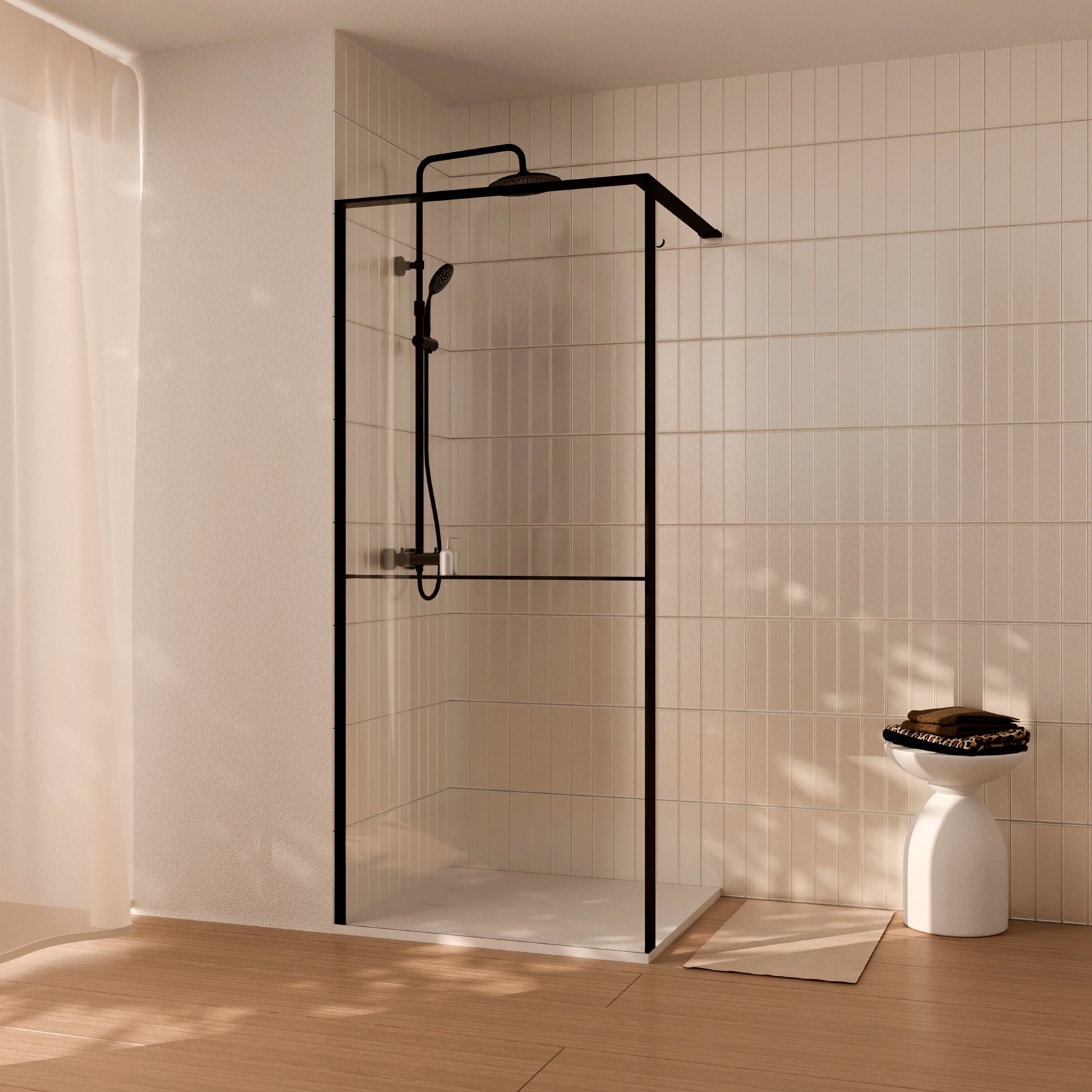 Paroi de douche 90x200cm - cadre et étagère noir mat - verre 8mm anticalcaire - ethan