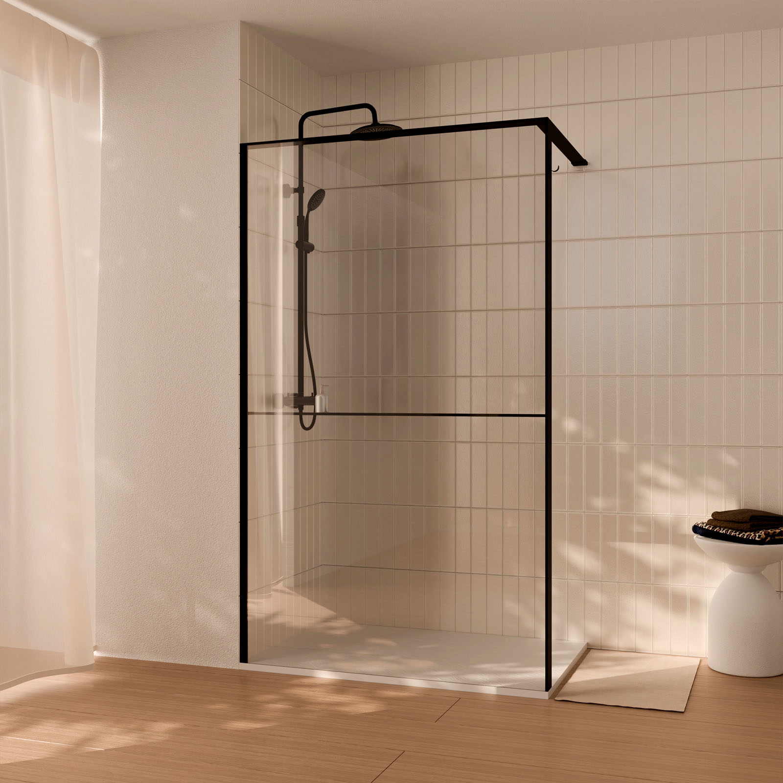 Paroi de douche 140x200cm - cadre et étagère noir mat - verre 8mm anticalcaire - ethan