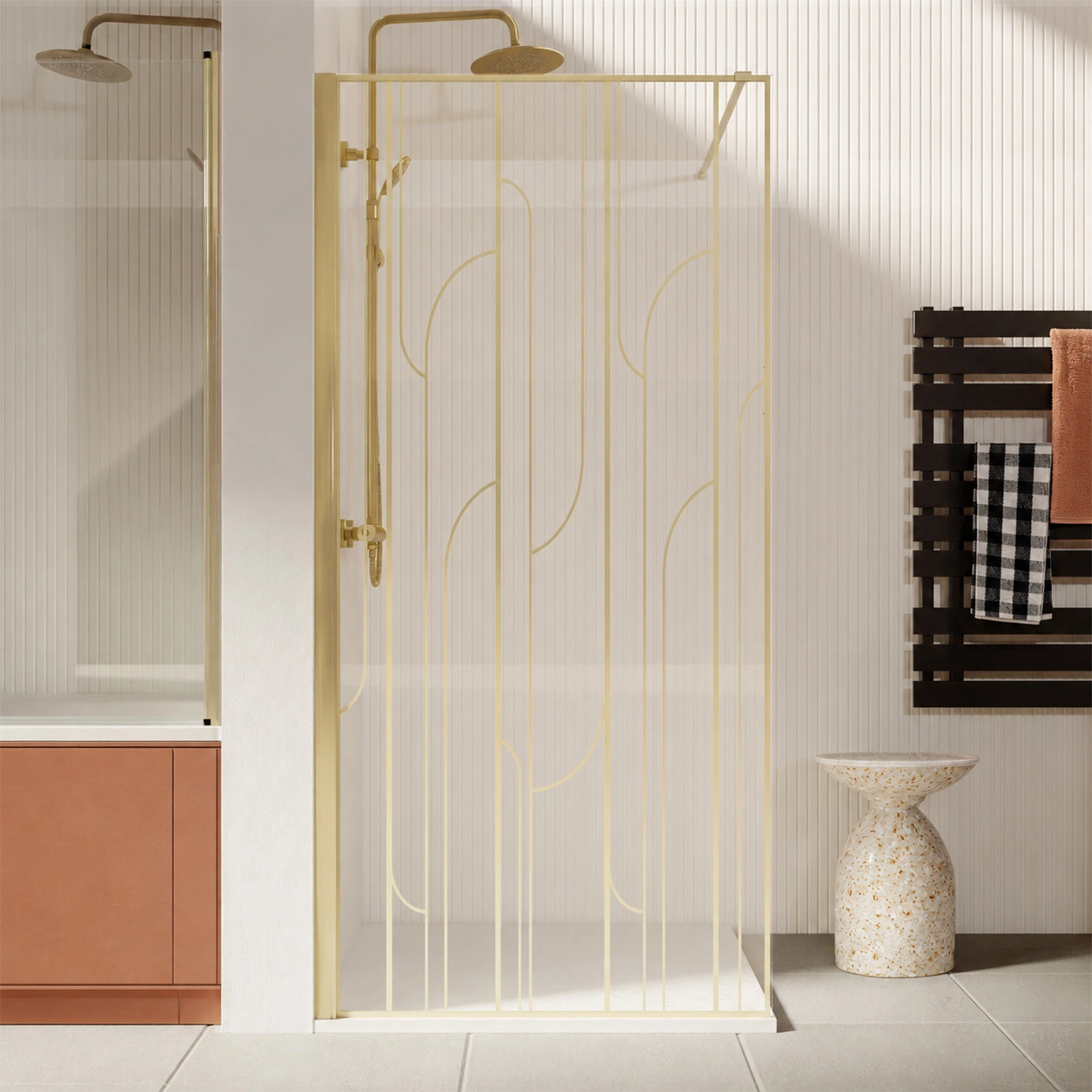 Paroi de douche à l'italienne 80x195cm Sérigraphie Art Déco Arrondie - Or Brossé - GATSBY