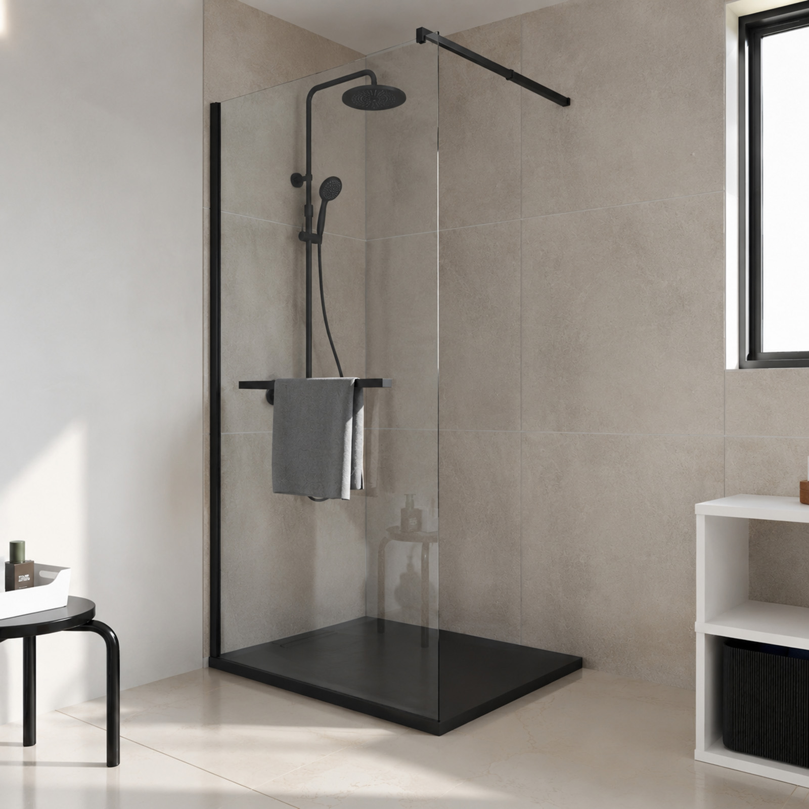 Paroi de douche 80x200 cm avec porte-serviette laqué noir mat et verre trempé 6 mm - marie
