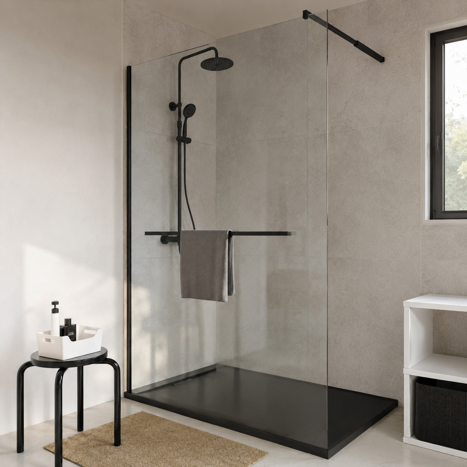 Paroi de douche 120x200 cm avec porte-serviette laqué noir mat et verre trempé 6 mm - marie
