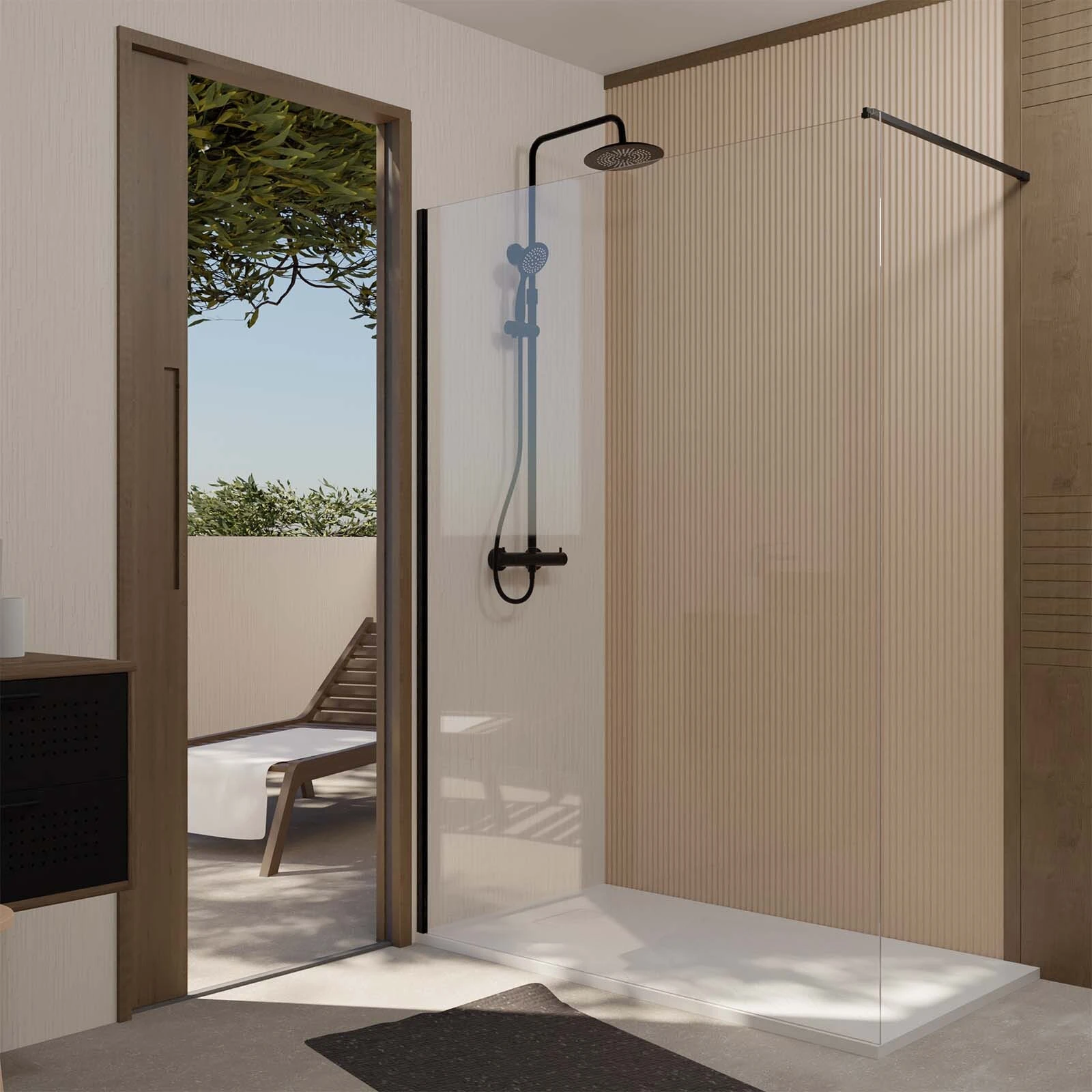 Paroi de douche 160x200cm en verre trempé transparent 8mm anticalcaire - profilé noir mat - lina