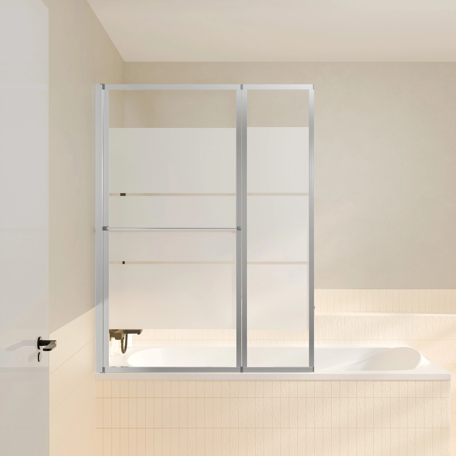 Pare baignoire relevable 139x105cm avec volet - verre transparent avec bande depolie