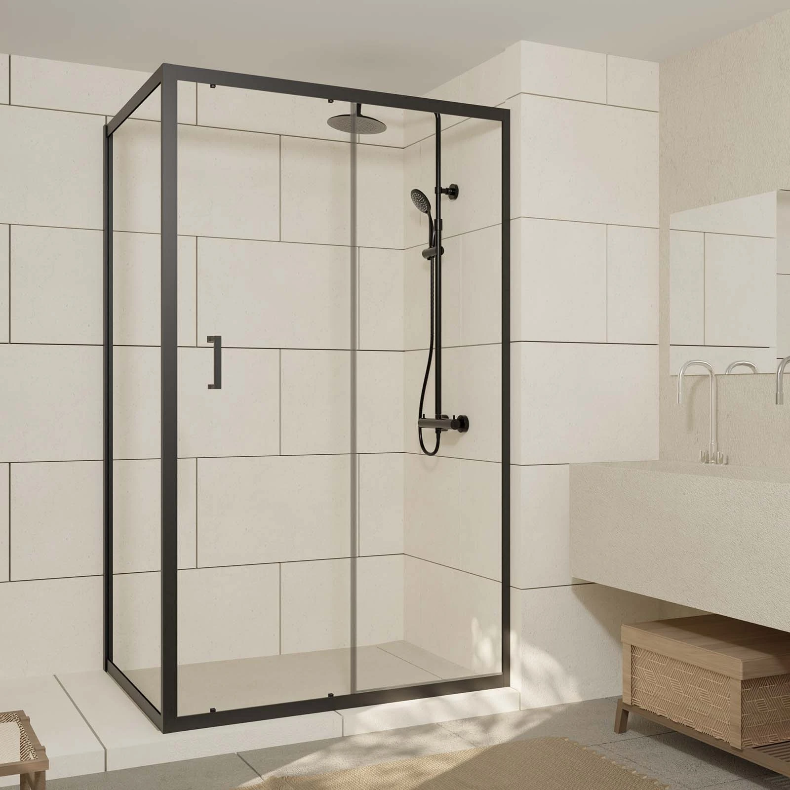 Paroi de douche 1 porte coulissante + Retour 120x90x200 cm - Verre 6 mm - Profilé Noir - CRUSH