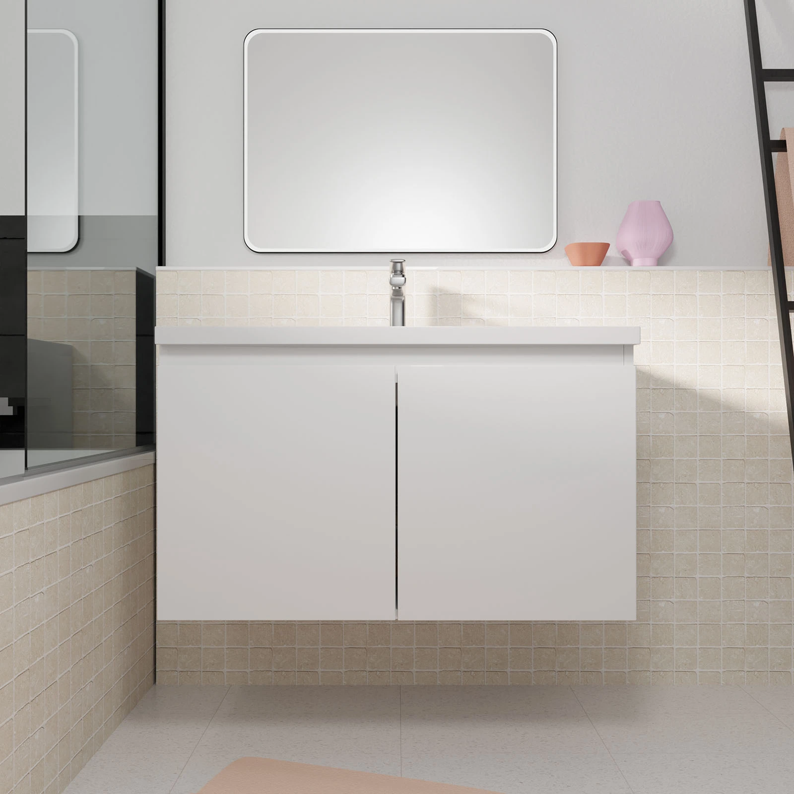 Meuble de salle de bains 80cm à Suspendre Blanc - 2 Portes - Vasque Blanche - ELEMENTARY