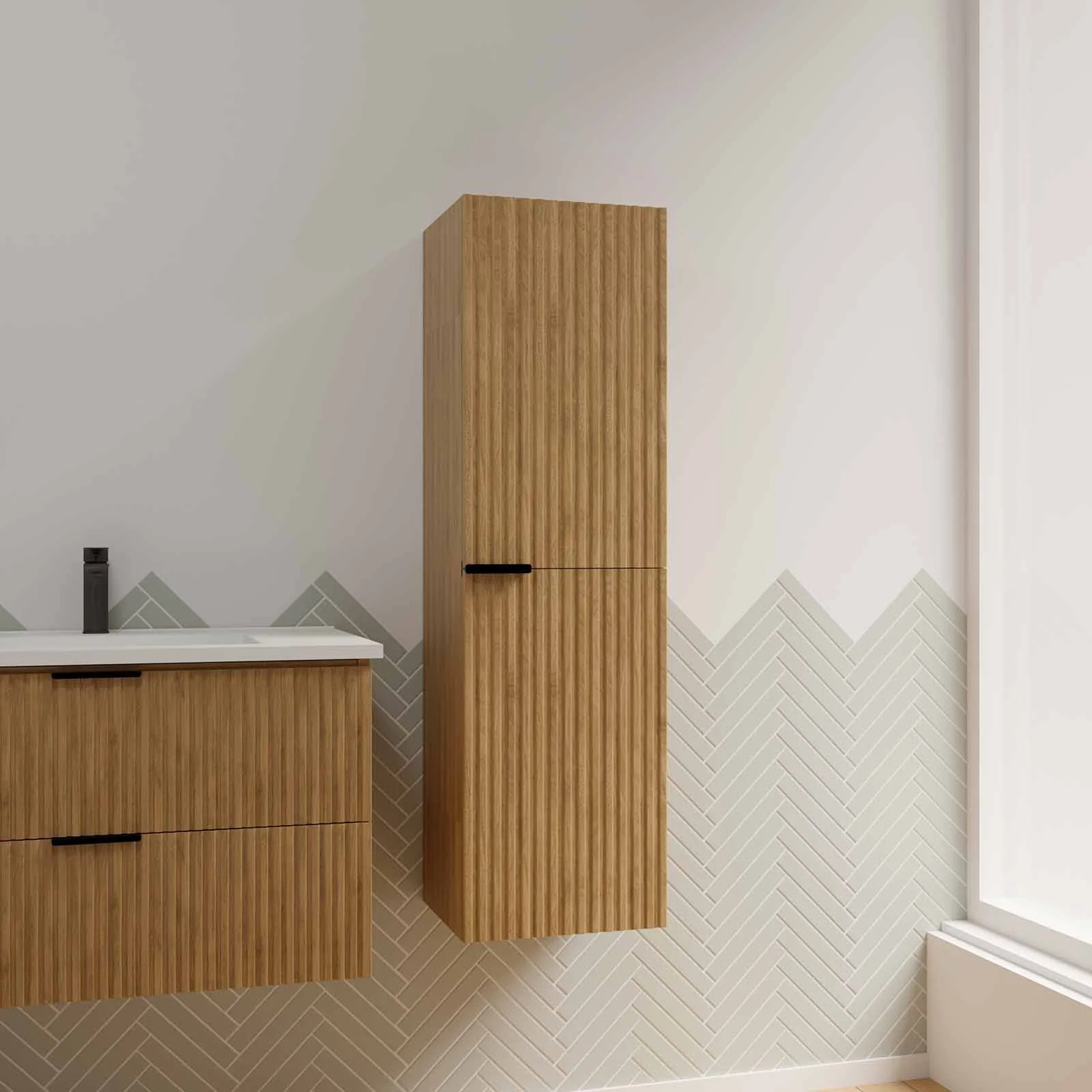 Colonne Façade Ondulee 35x30x120 cm - 2 Portes en MDF Decor Bois - MILO