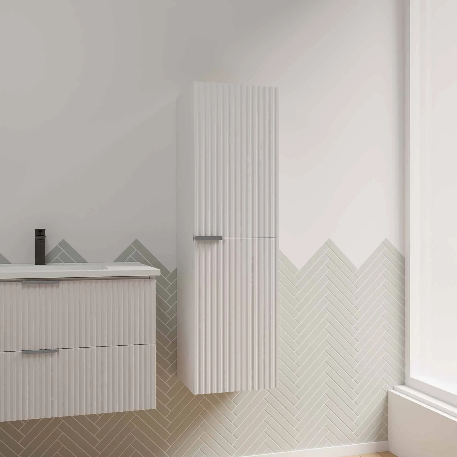 Colonne Façade Ondulee 35x30x120 cm - 2 Portes en MDF Blanc - MILO